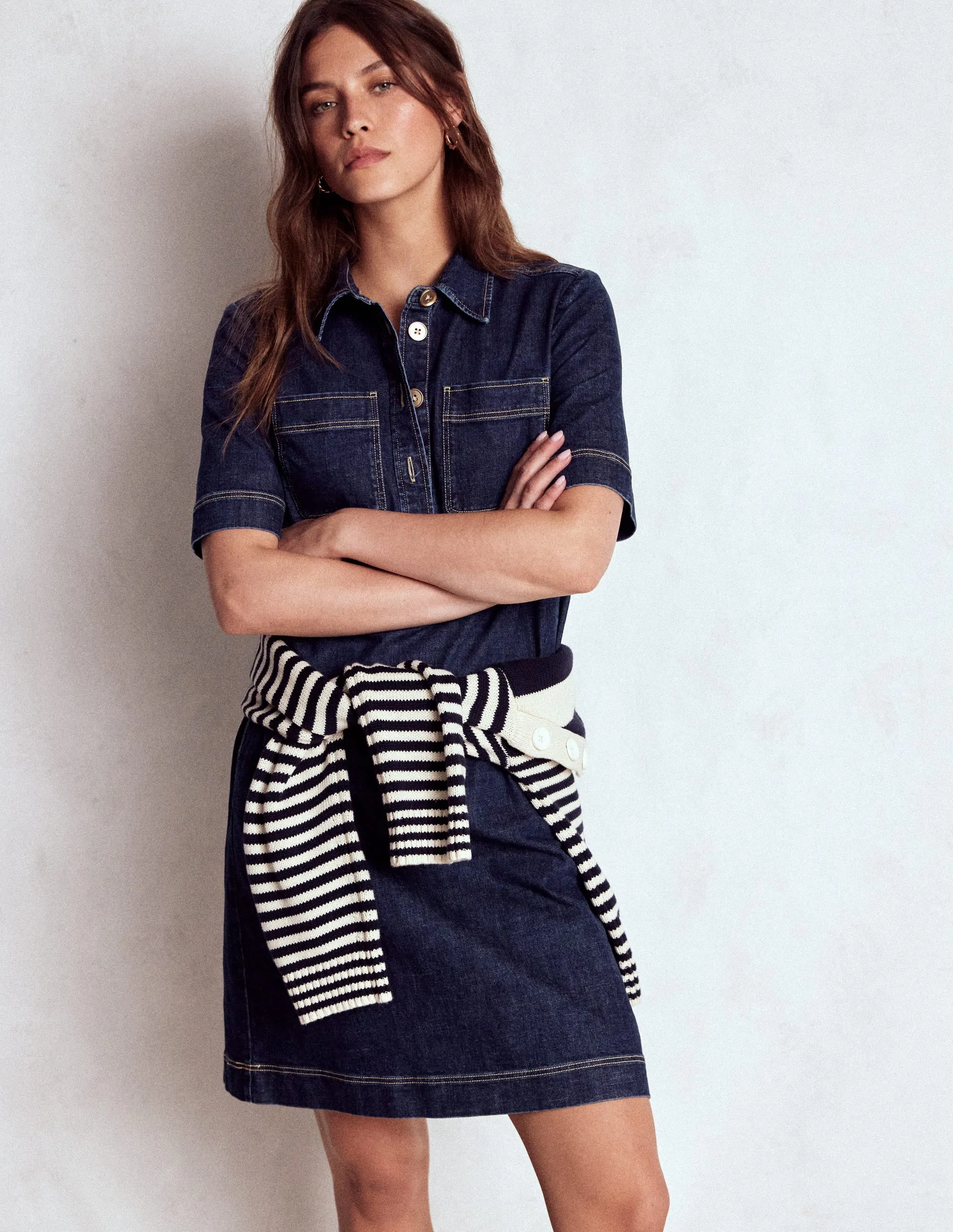 Play Mode Zia Denim Pocket Shift Dress-Dark Indigo