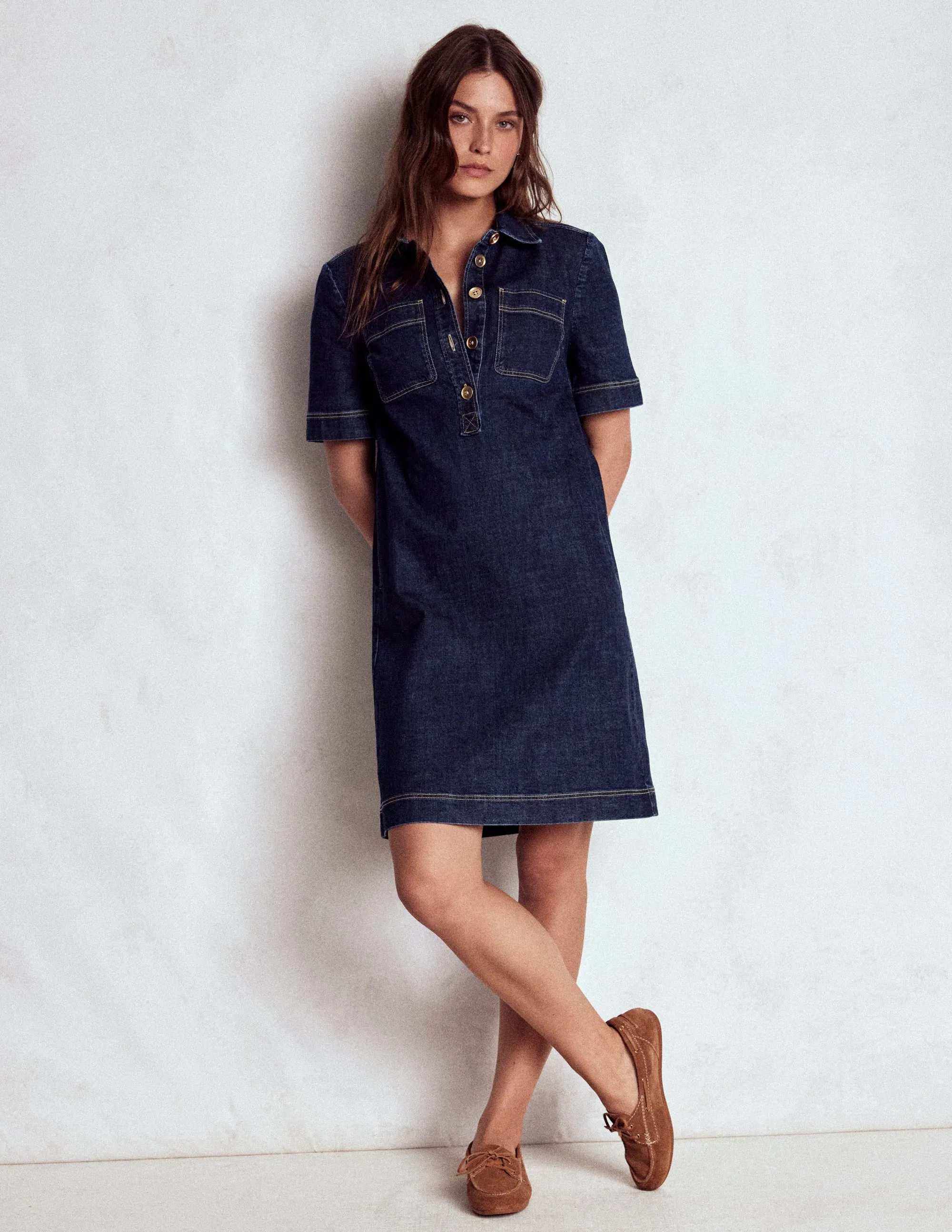 Zia Denim Pocket Shift Dress-Dark Indigo Weighted Hem Technology