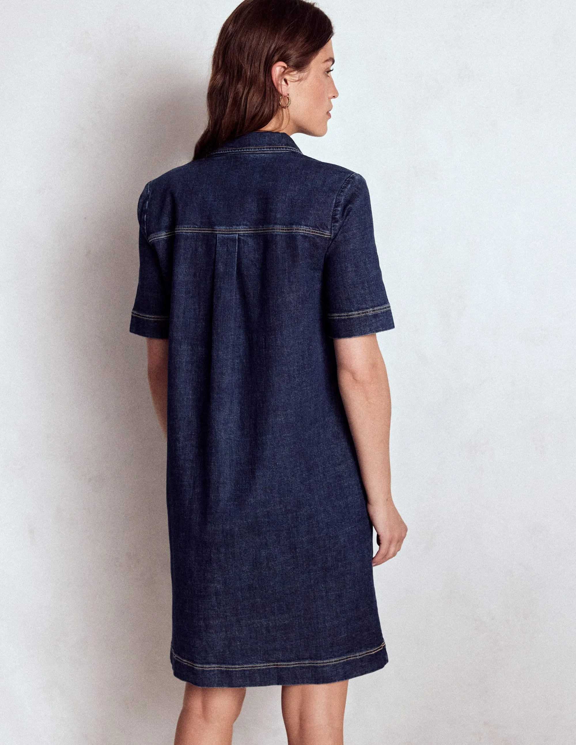 Pop Star Zia Denim Pocket Shift Dress-Dark Indigo