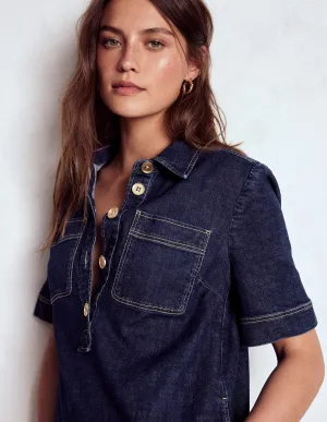 Casual Wear Reinforced Elbows Zia Denim Pocket Shift Dress-Dark Indigo
