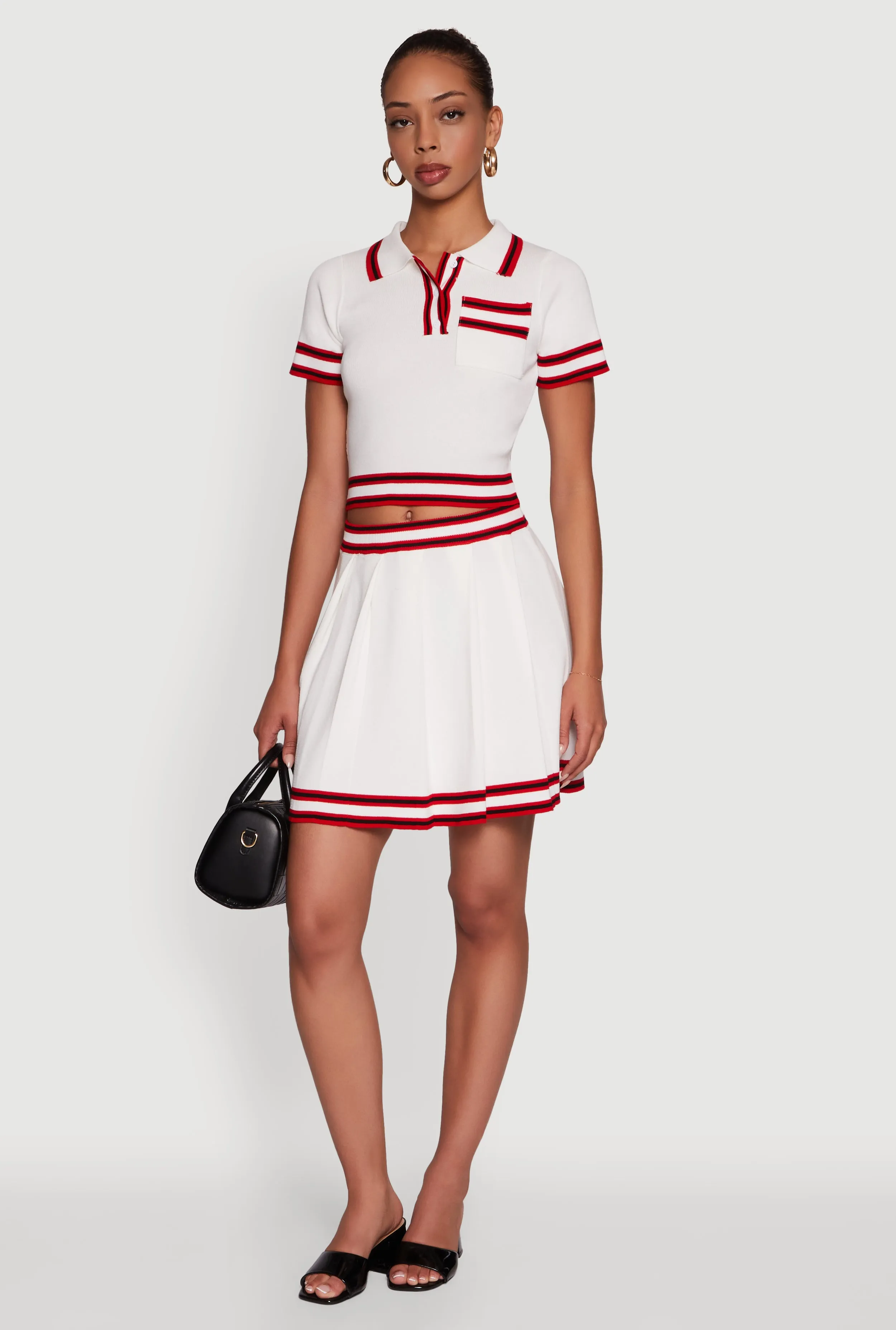 Outfit Display Daisy High Waisted Pleated Skirt with Varsity Stripe Detail