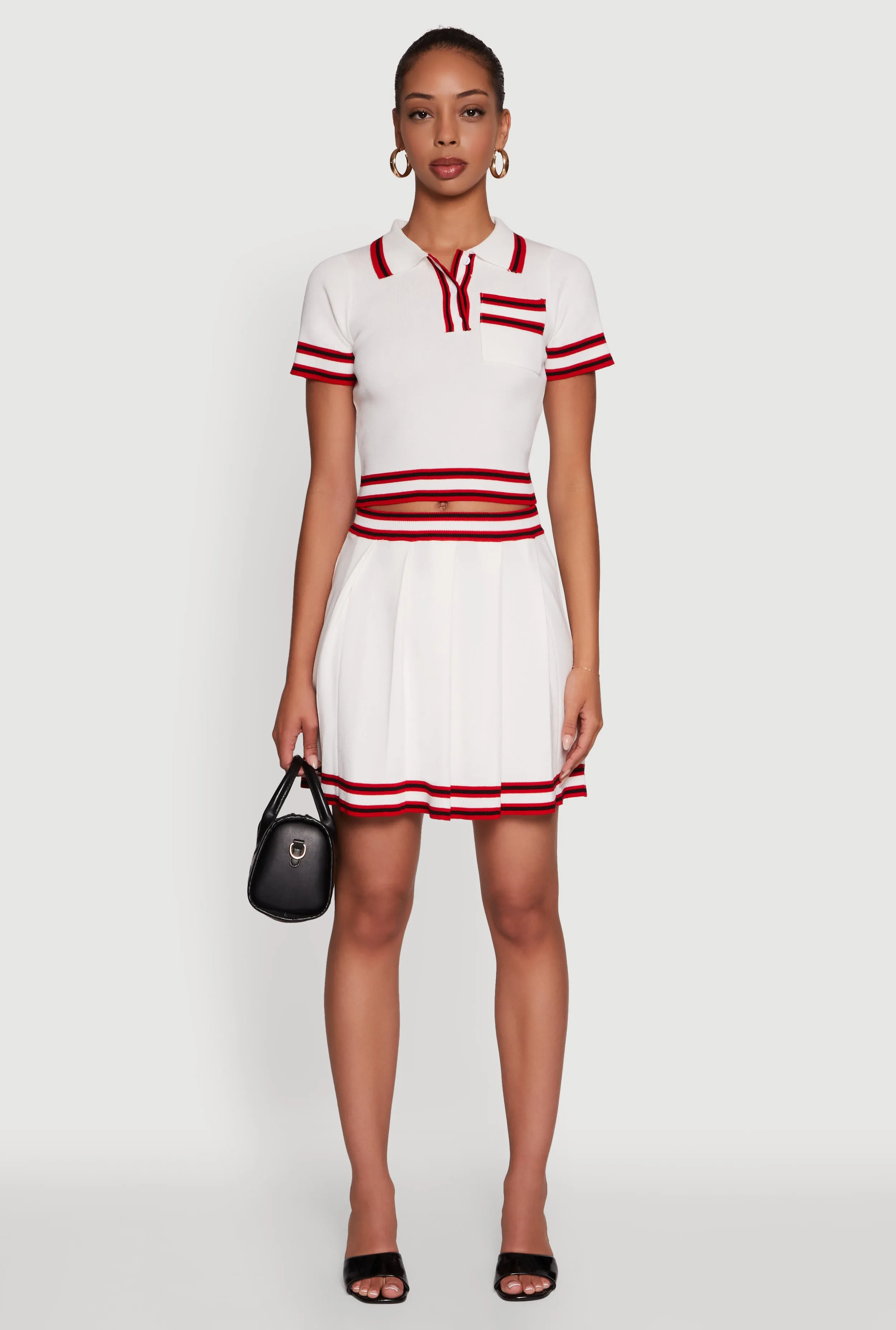 Flexible Comfort Daisy High Waisted Pleated Skirt with Varsity Stripe Detail