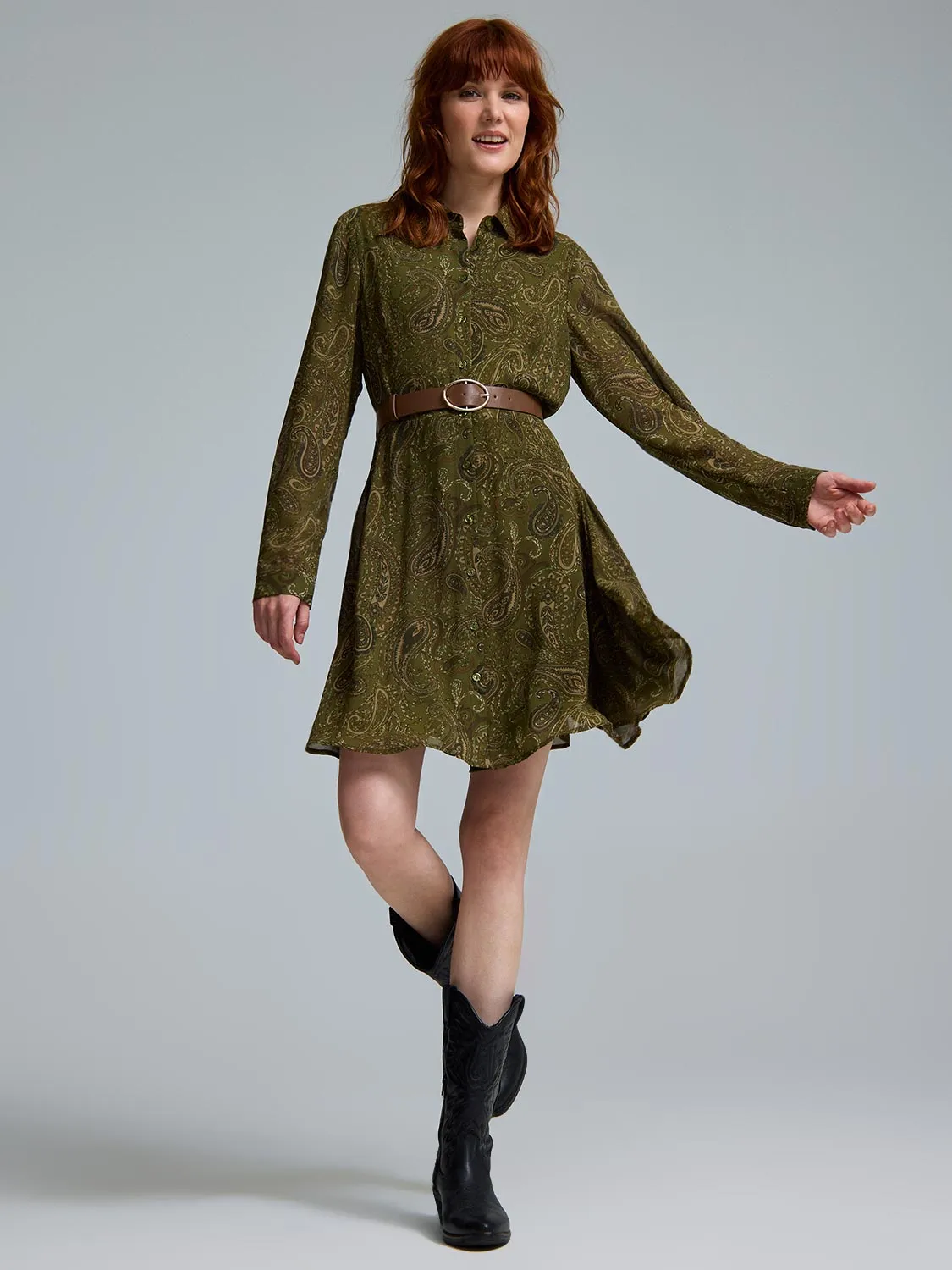 Flash Edge Casual Day Out Paisley Print Chiffon Mini Shirt Dress