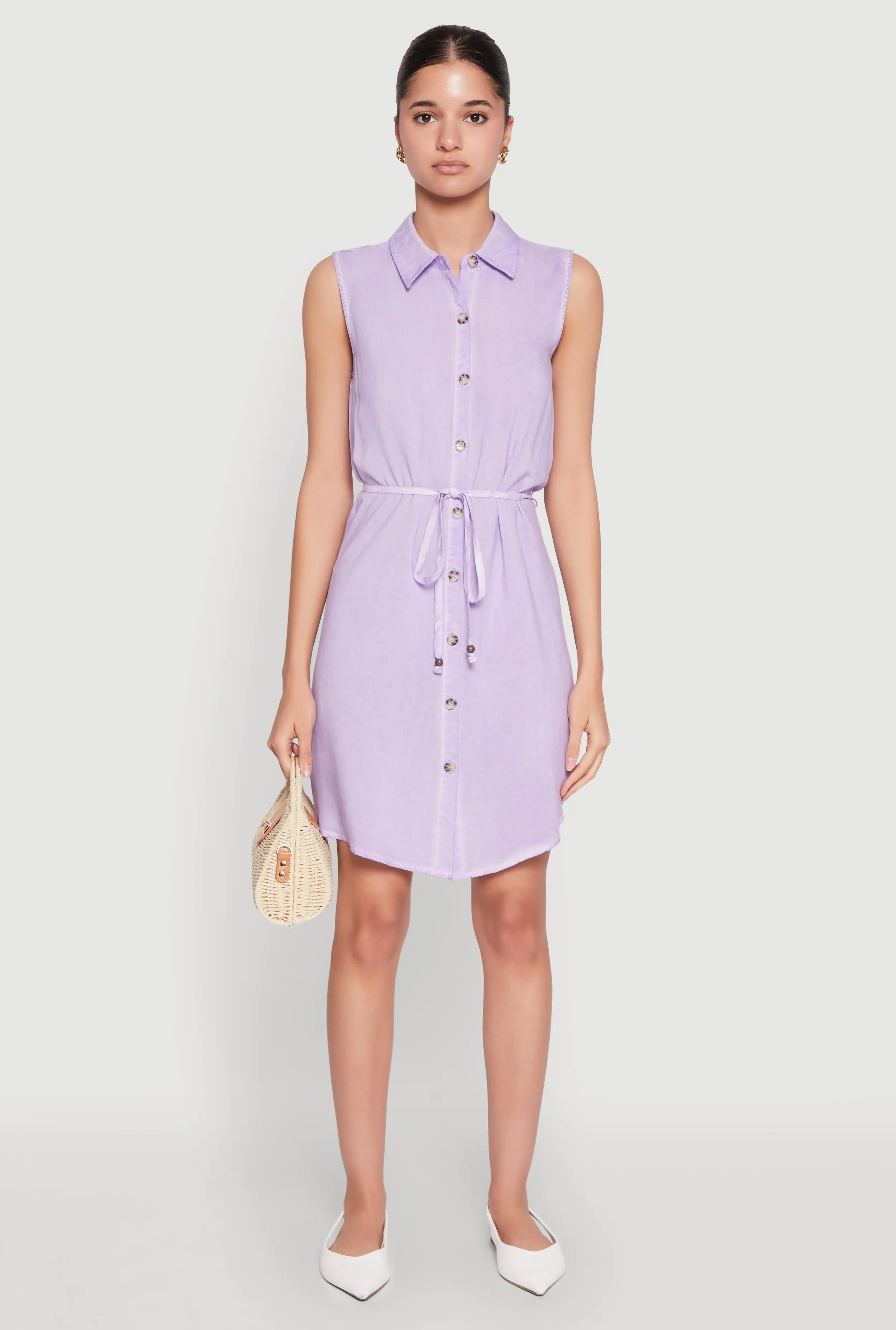 Tie Waist Belted Sleeveless Shirt Dress Crop Cut Effortless Chic Wear