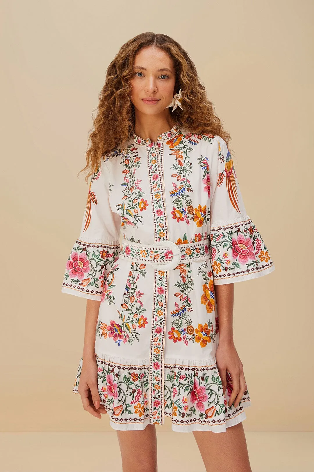 Foldable Design Floral Vibe Off-White Delicate Forest Scarves Organic Cotton Mini Dress