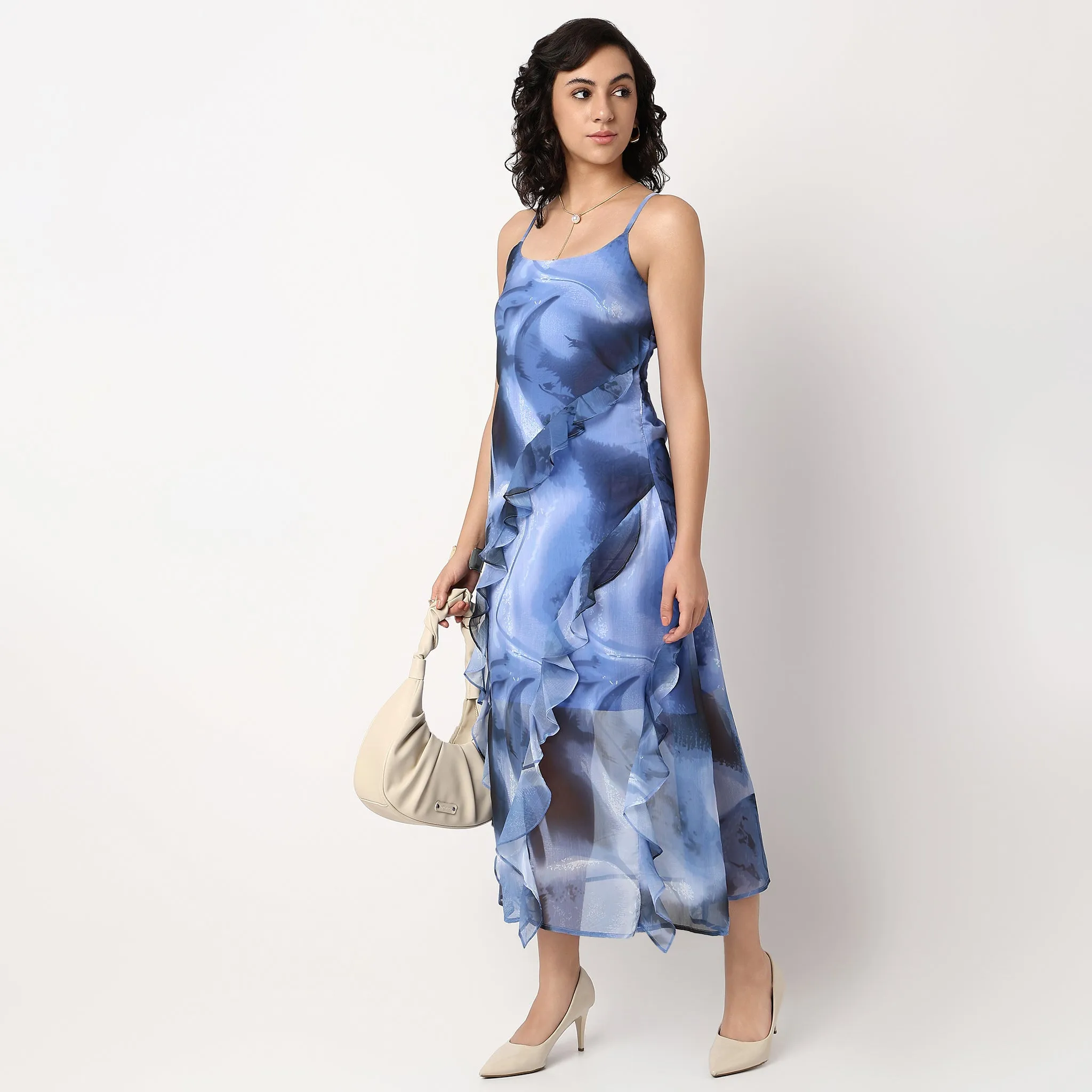 Abstract Print Flared A-Line Ruffle Detail Dress Focus Mood