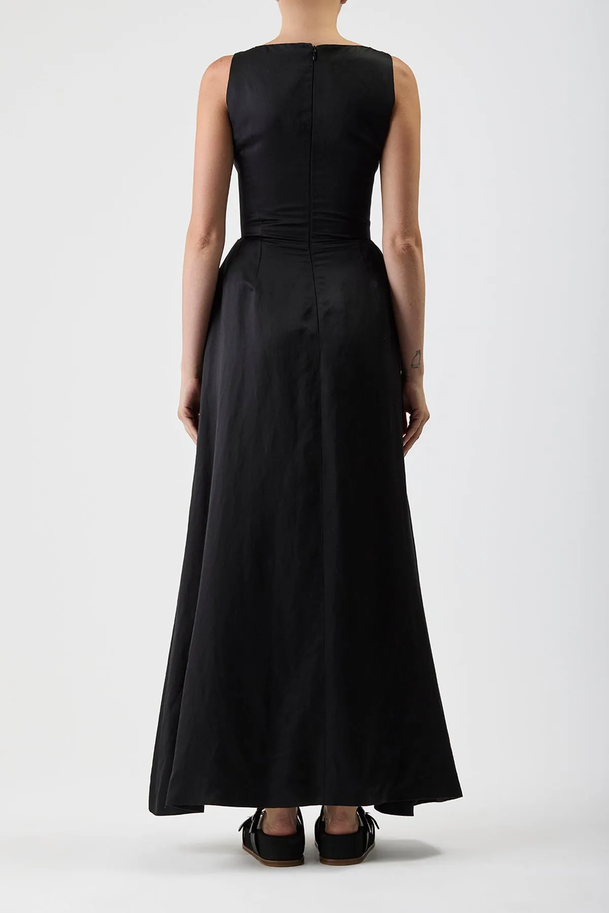 Sven Maxi Dress in Black Silk Linen Satin Game Day