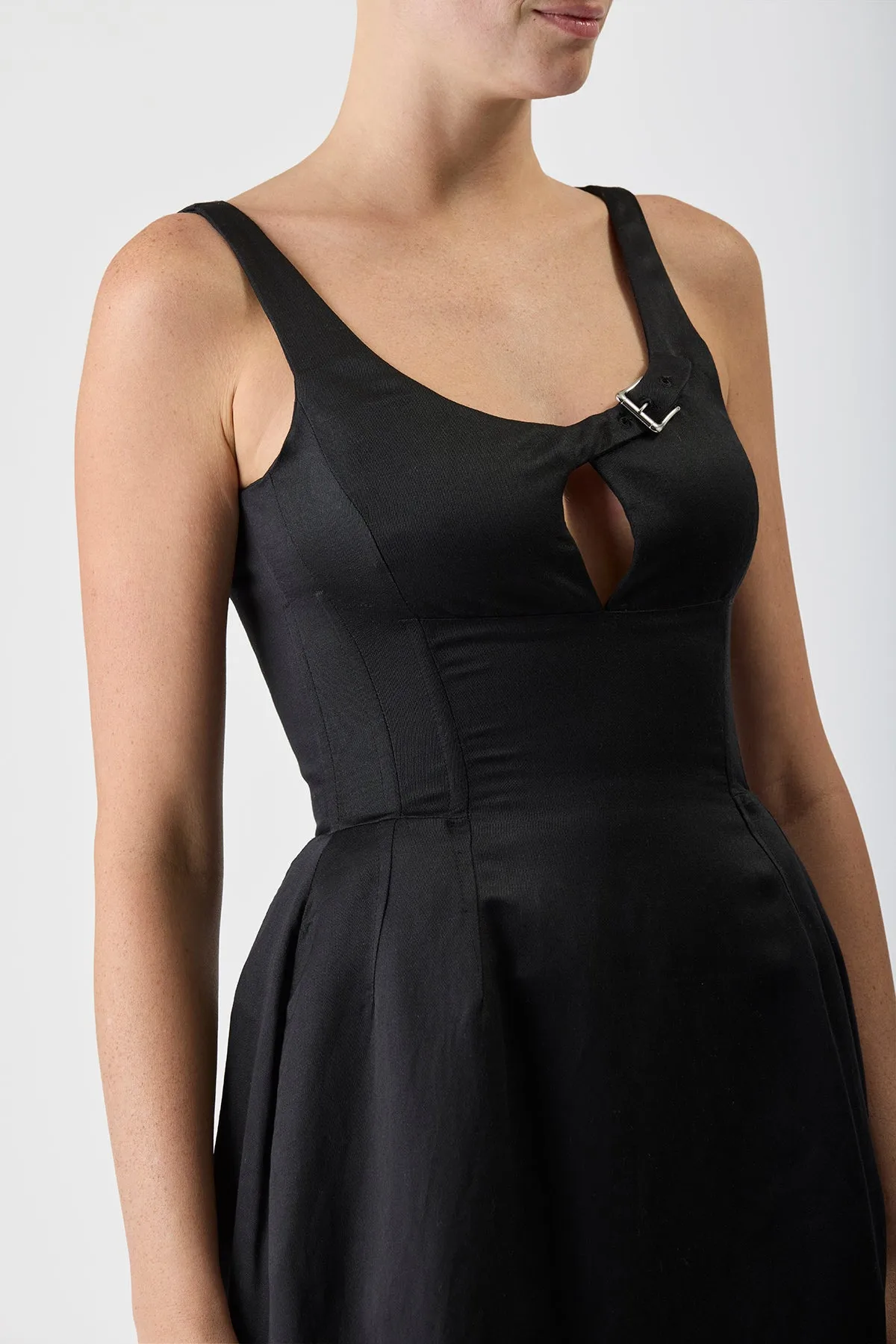 Sven Maxi Dress in Black Silk Linen Satin Open Heart Work Ready