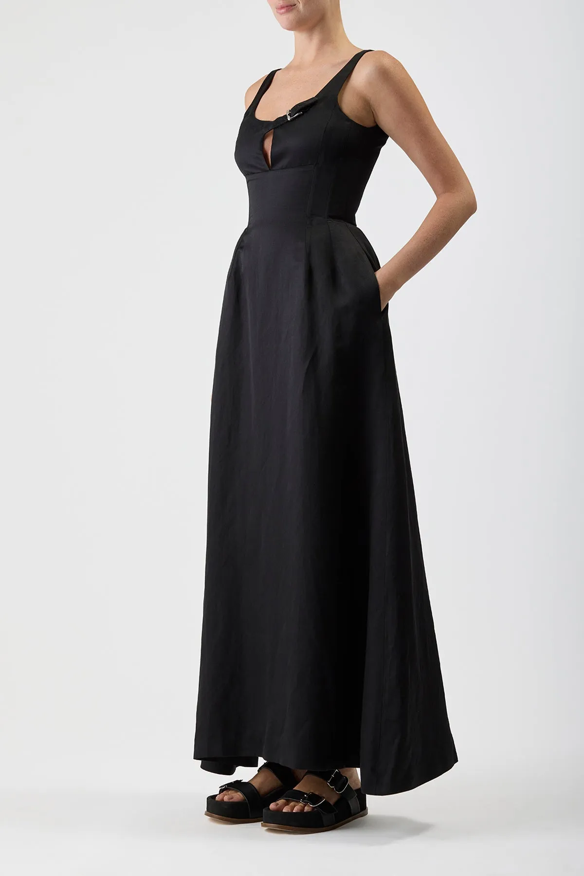 Sven Maxi Dress in Black Silk Linen Satin Thermal Insulation Layer AntiFadeTechnology