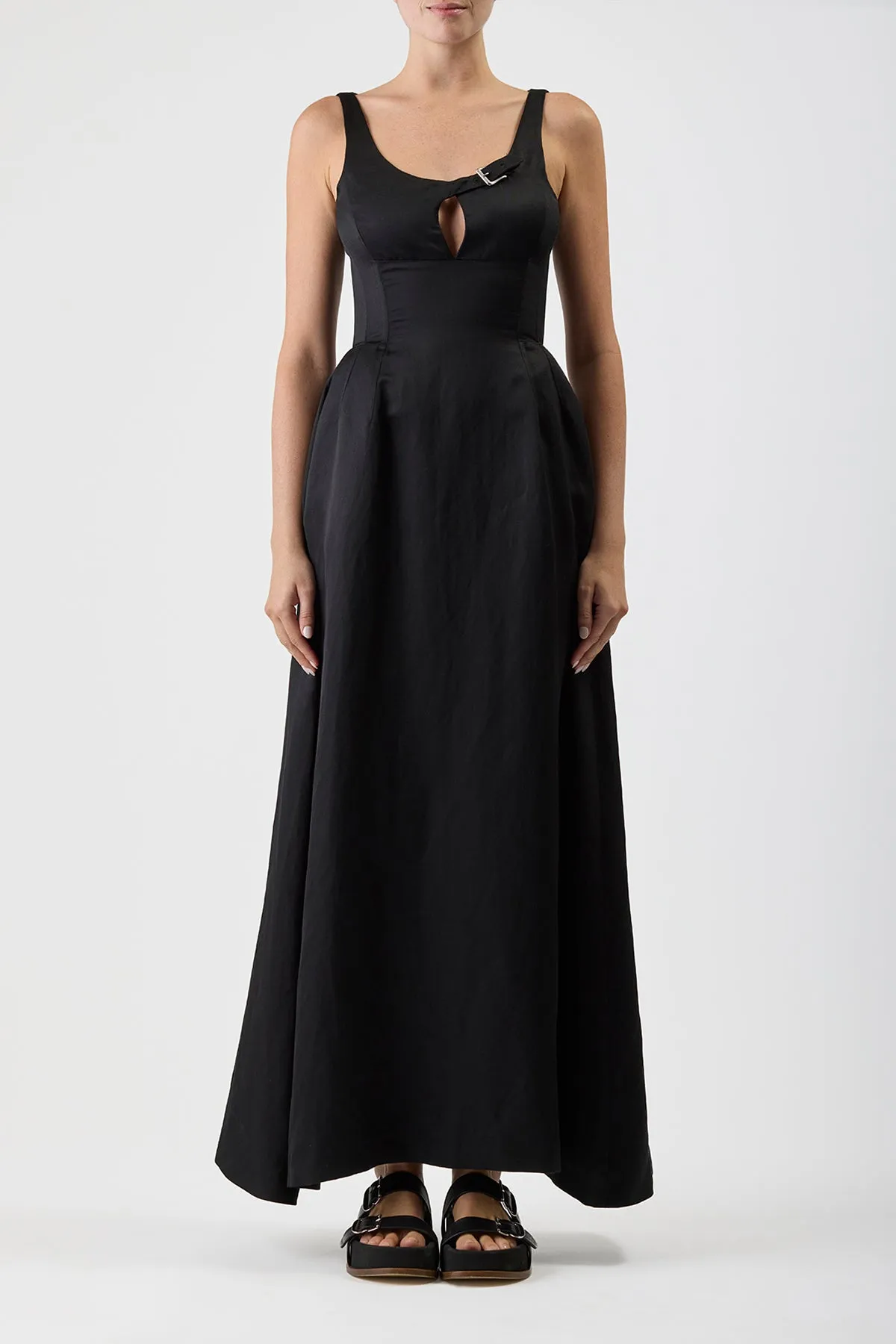 CompactPackaging Adjustable Straps Sven Maxi Dress in Black Silk Linen Satin