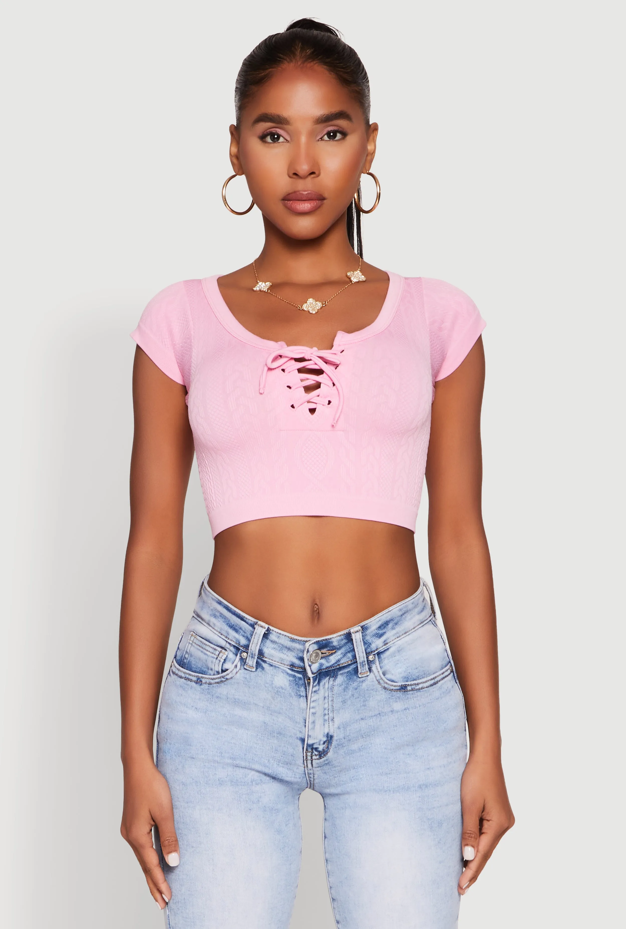Printed uniqueness Camping attire Seamless Lace Up Cable Knit Crop Top