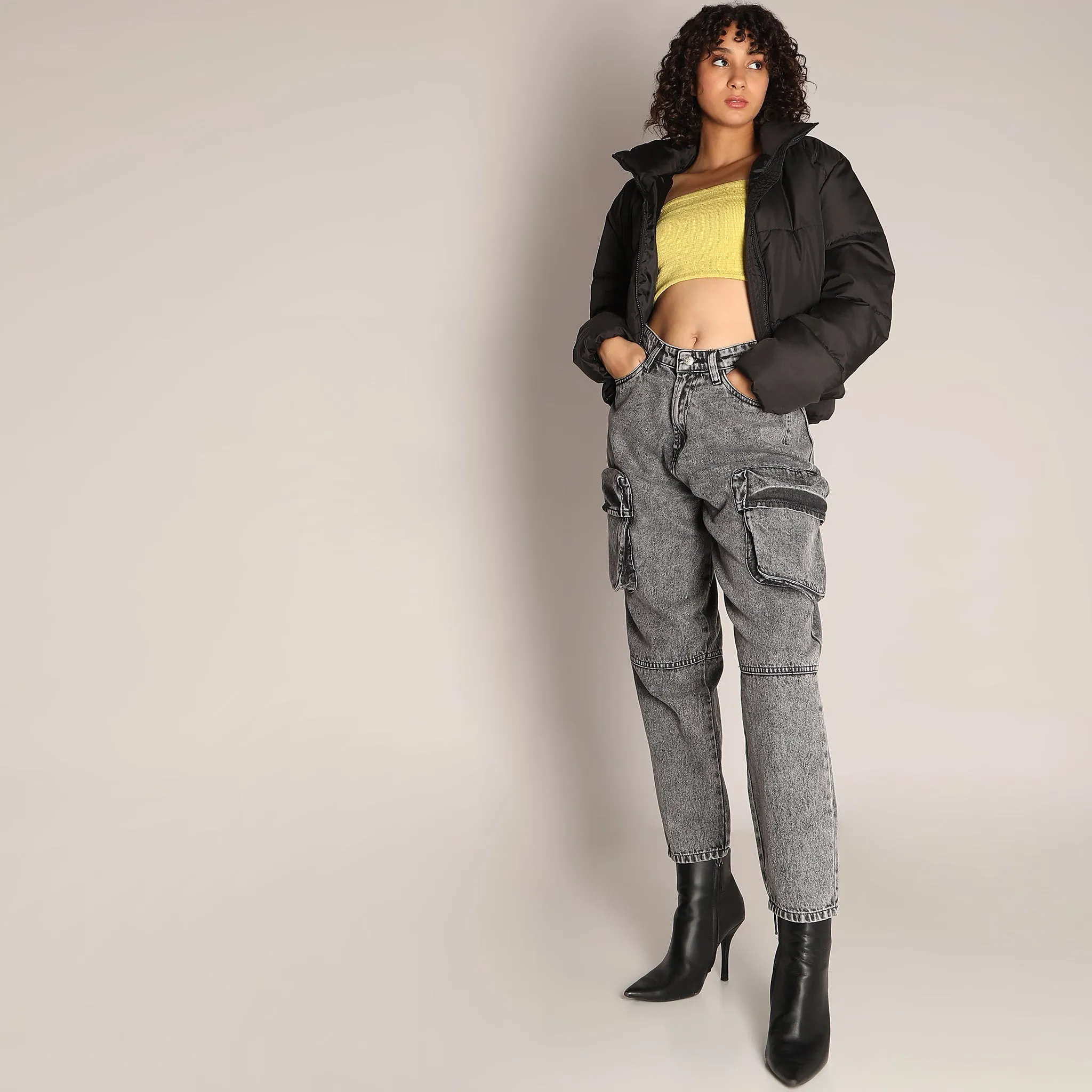StretchableMaterial Solid Ankle-Length High-Rise Slouch Fit Jeans With Big Patch Pocket