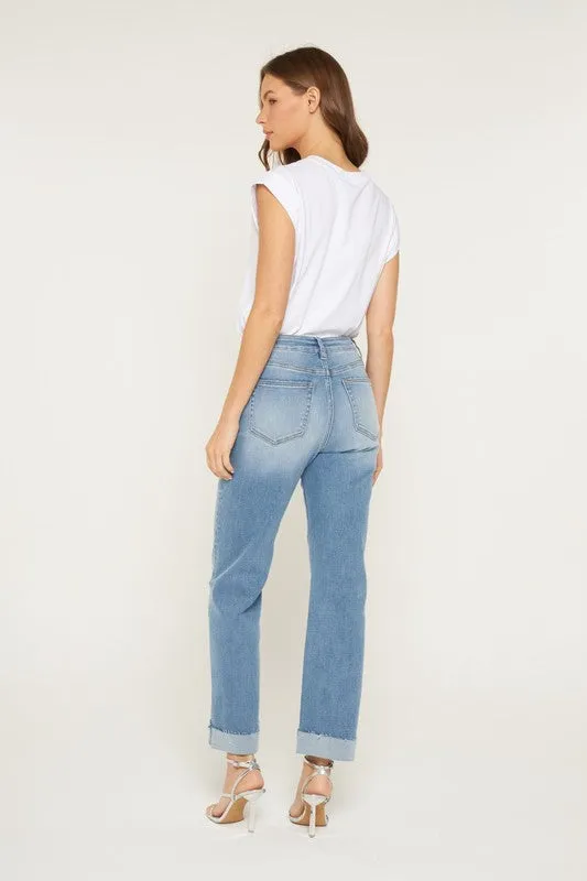 Open Heart Feather Glow Mica Queen Blue High Rise Cuff Straight Leg Jean