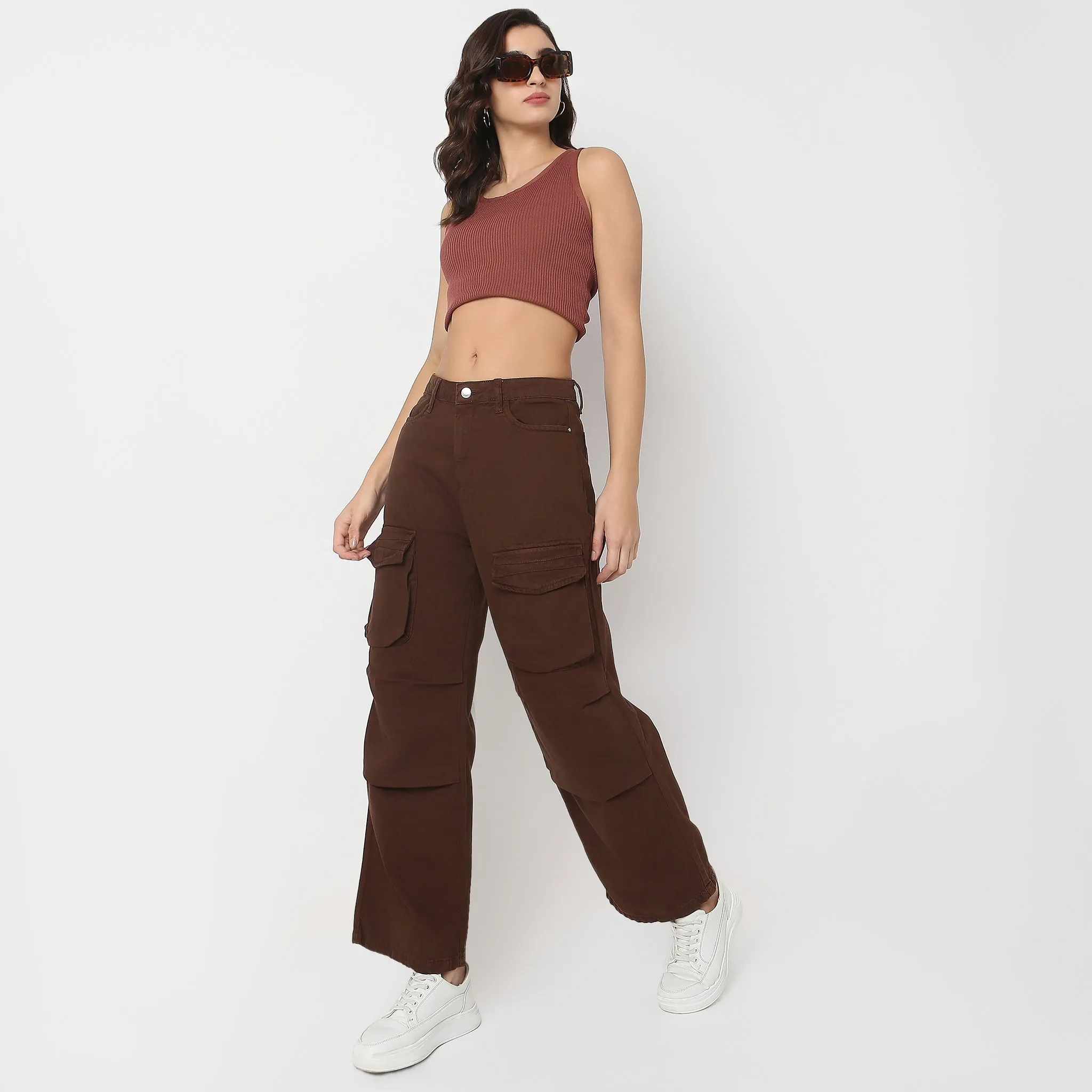 smooth zipper Cargo Fit Full Length High Rise Jeans