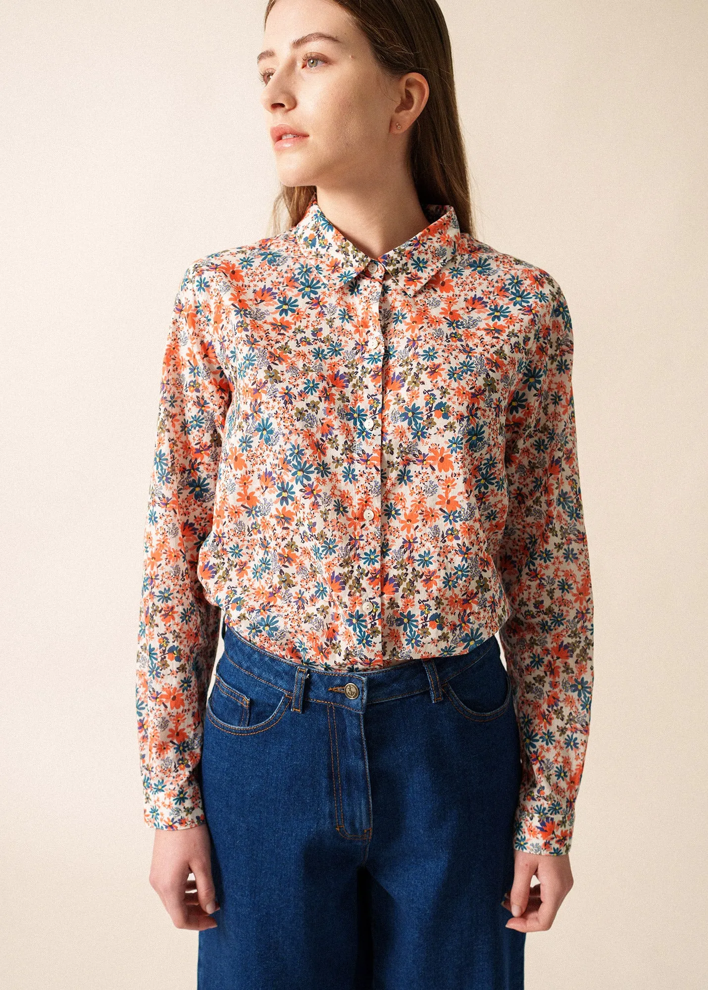 NonSlipTrim FlatlockSeaming FANNY - Floral Cotton Veil Button-Down Blouse (FLORAL)