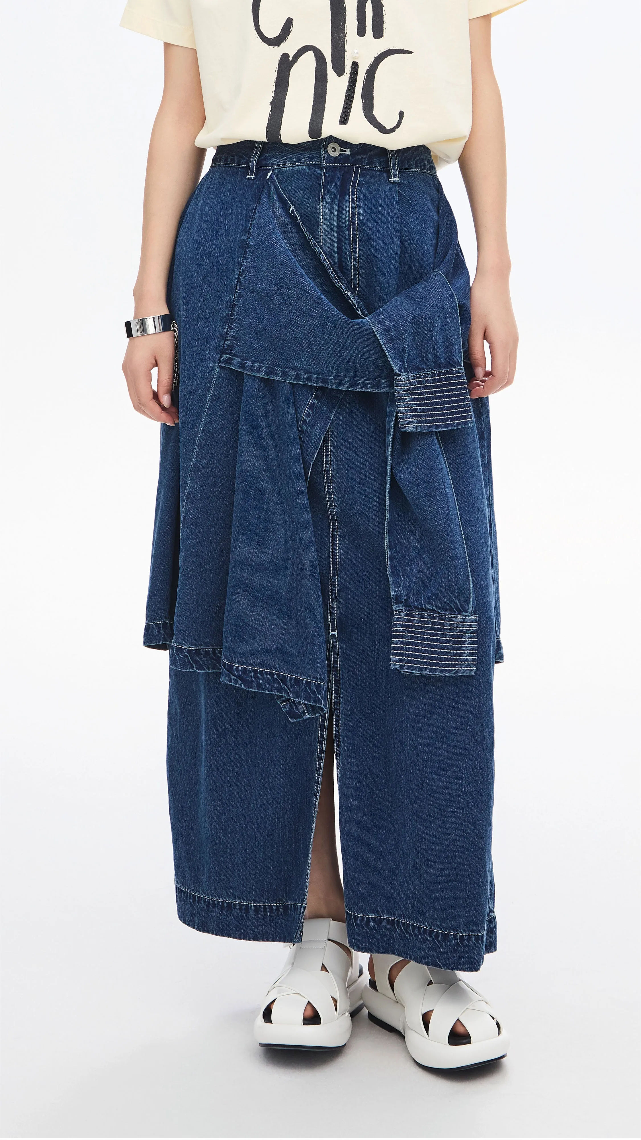 High low hem Cool Details Rebuilt Denim Skirt
