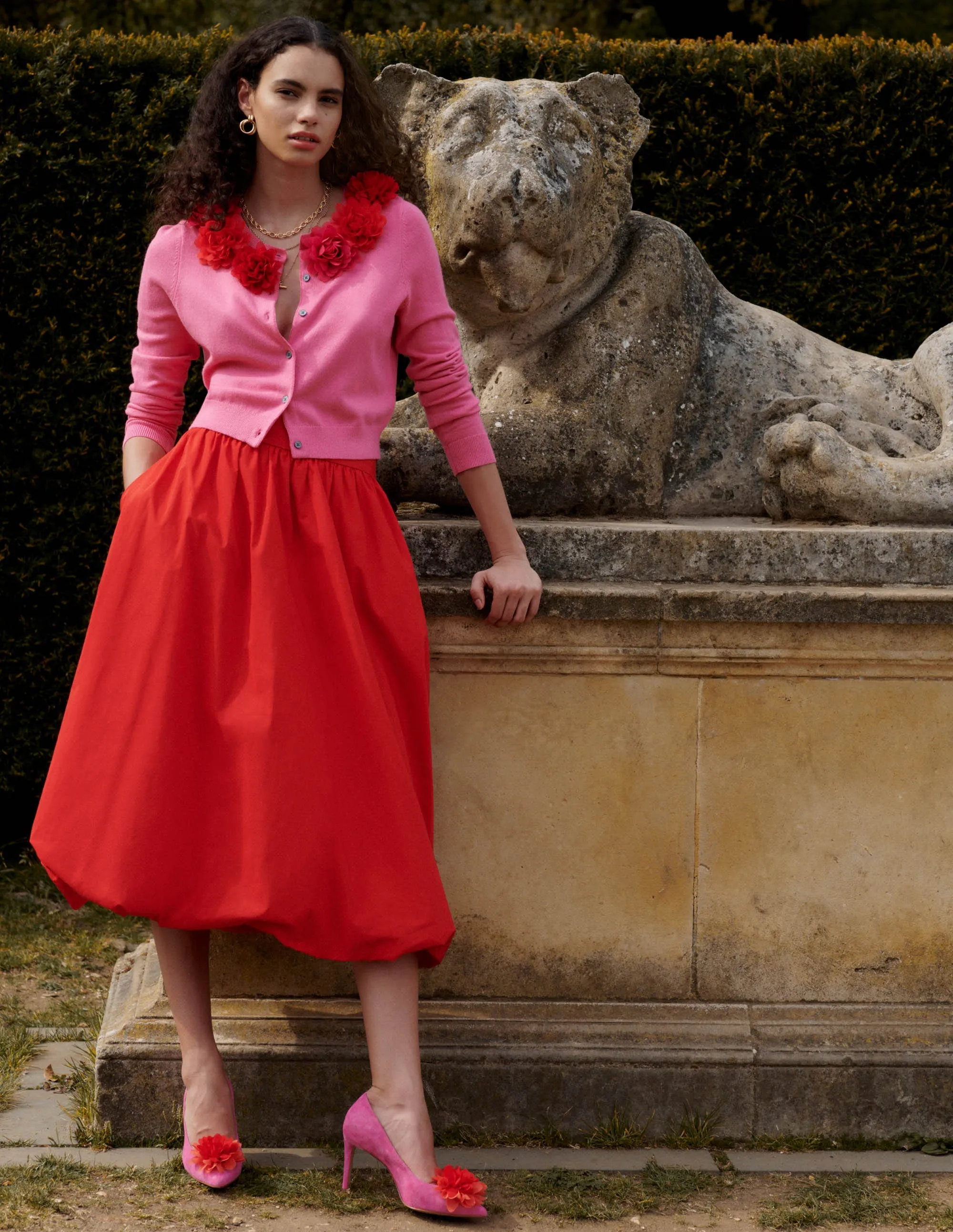 Bubble Hem Midi Skirt-Poppy Red Balanced Outfit Contemporary Design