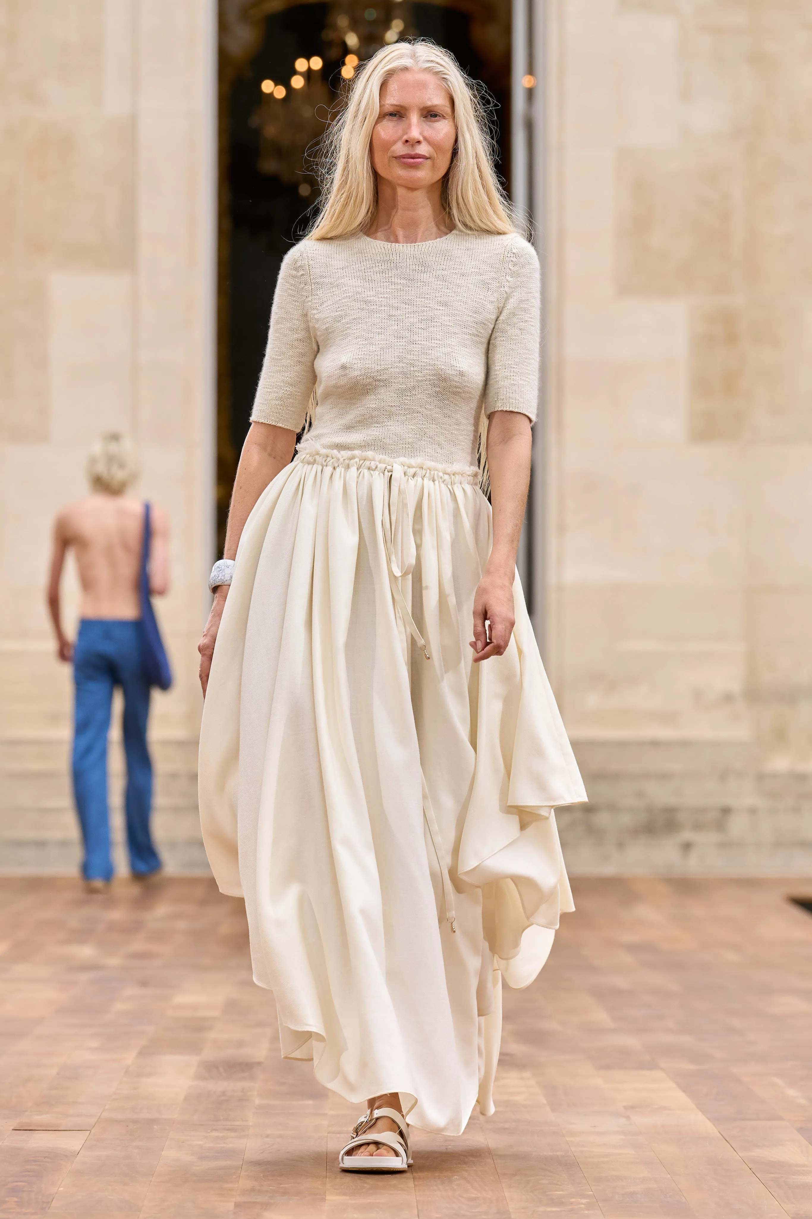Dea Pleated Maxi Skirt in Ivory Virgin Wool Silk Linen Shopping Trip Mood Outfitboard