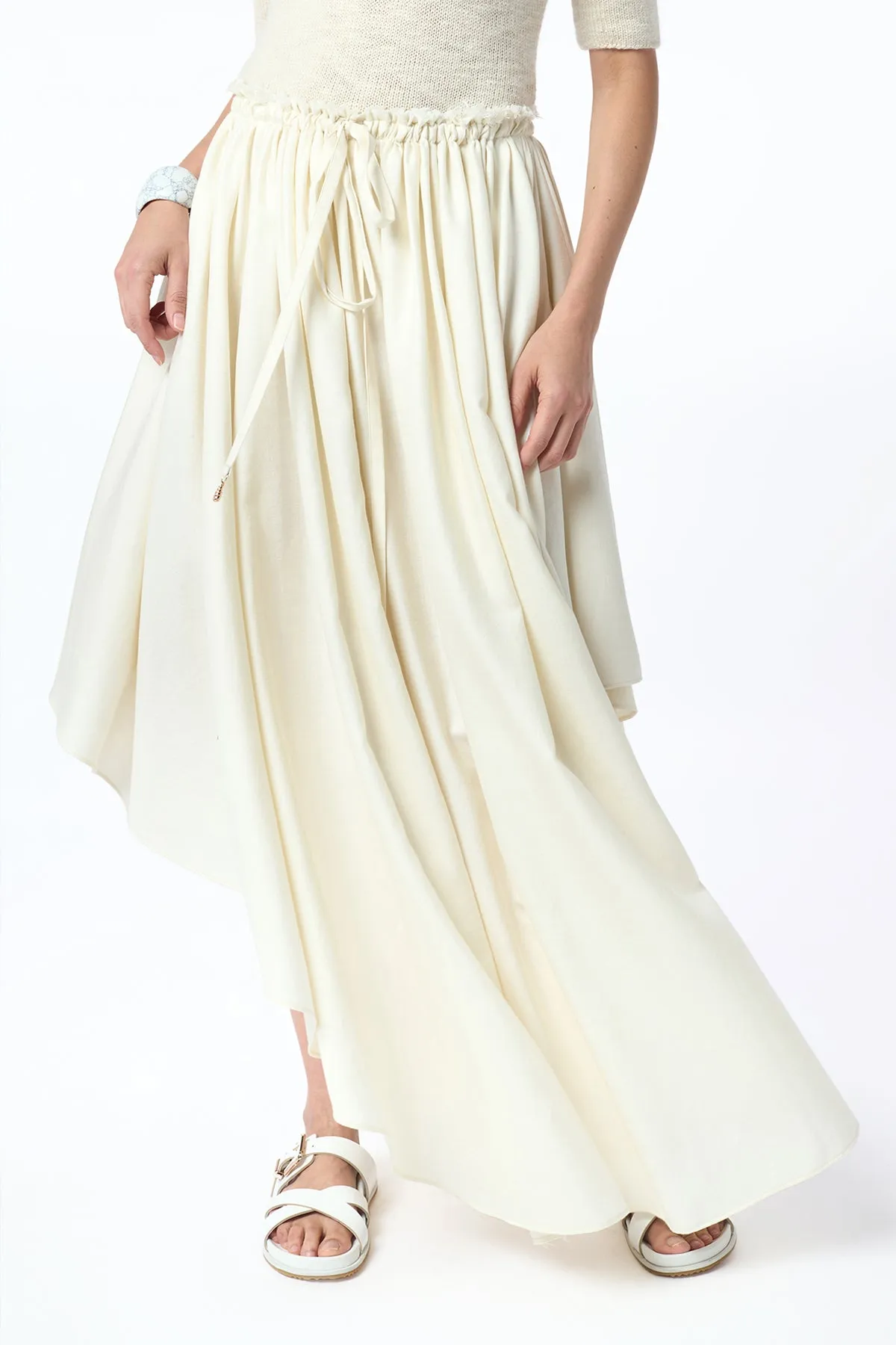 Senior Ease All Day Dea Pleated Maxi Skirt in Ivory Virgin Wool Silk Linen