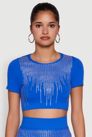college Chic Rhinestone Ribbed Knit Short Sleeve Crew Neck Tee