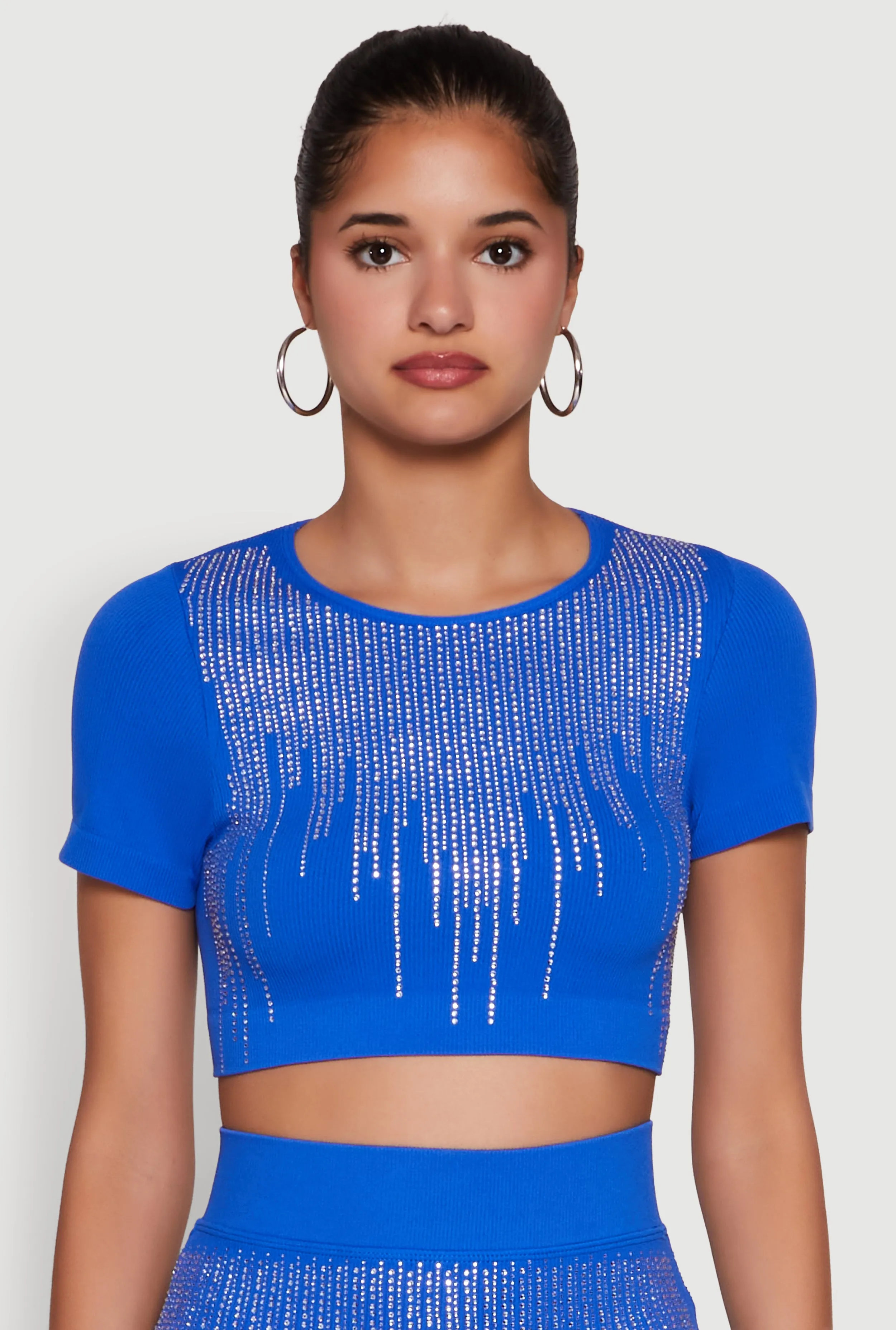 college Chic Rhinestone Ribbed Knit Short Sleeve Crew Neck Tee