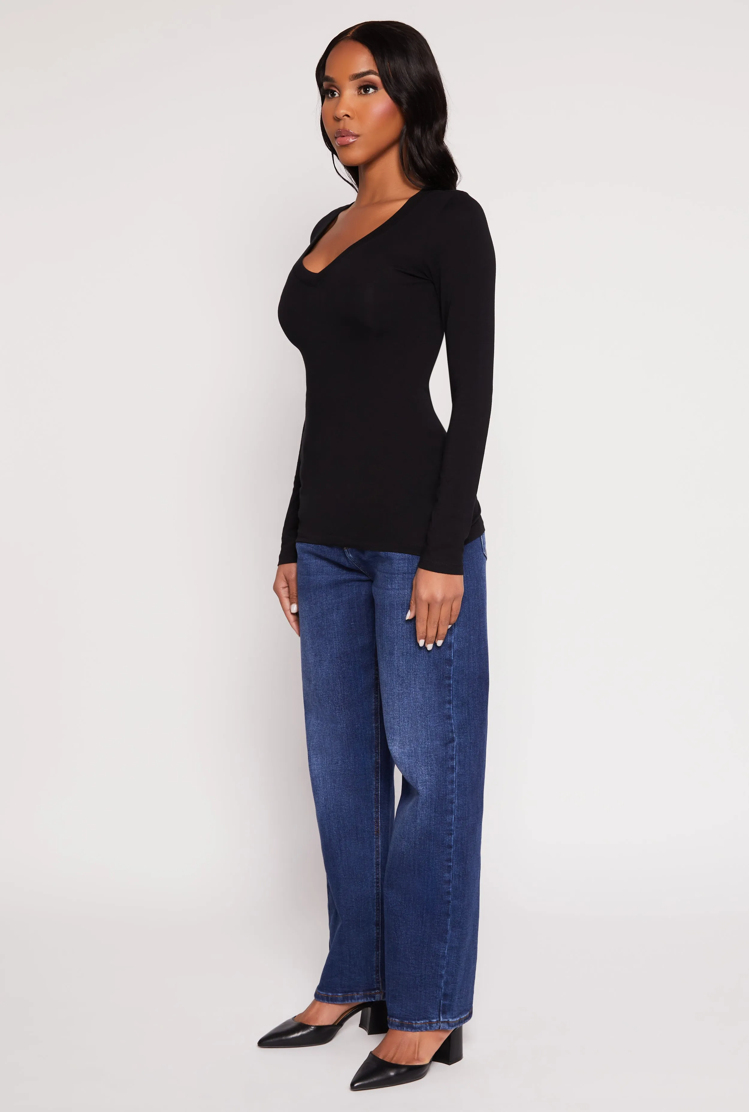 Basic Long Sleeve V Neck Tee Ribbed Collar Trim