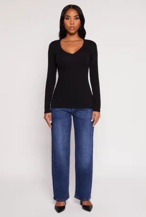 Basic Long Sleeve V Neck Tee Sporty Layer Look Bold Statement