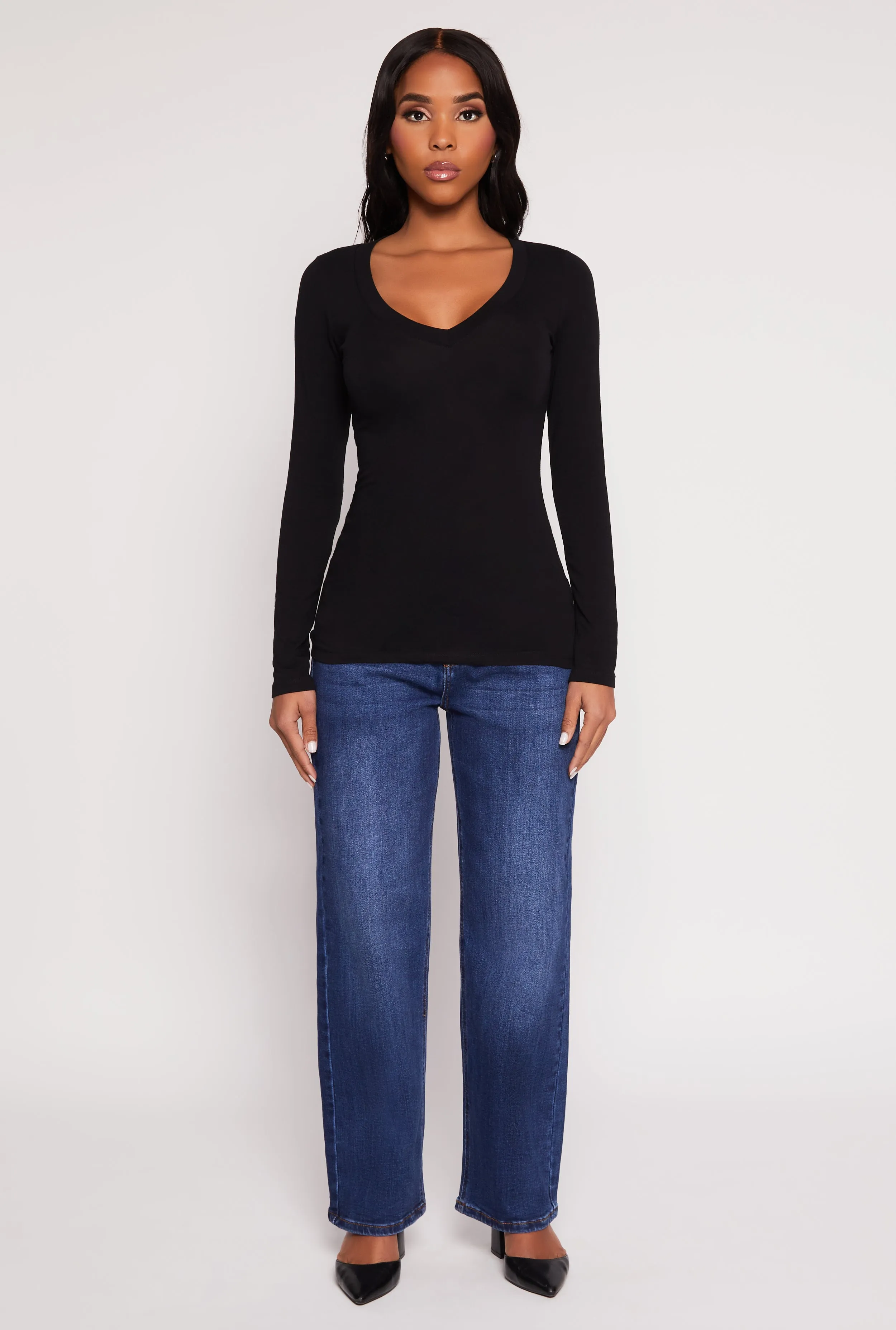 Basic Long Sleeve V Neck Tee Sporty Layer Look Bold Statement