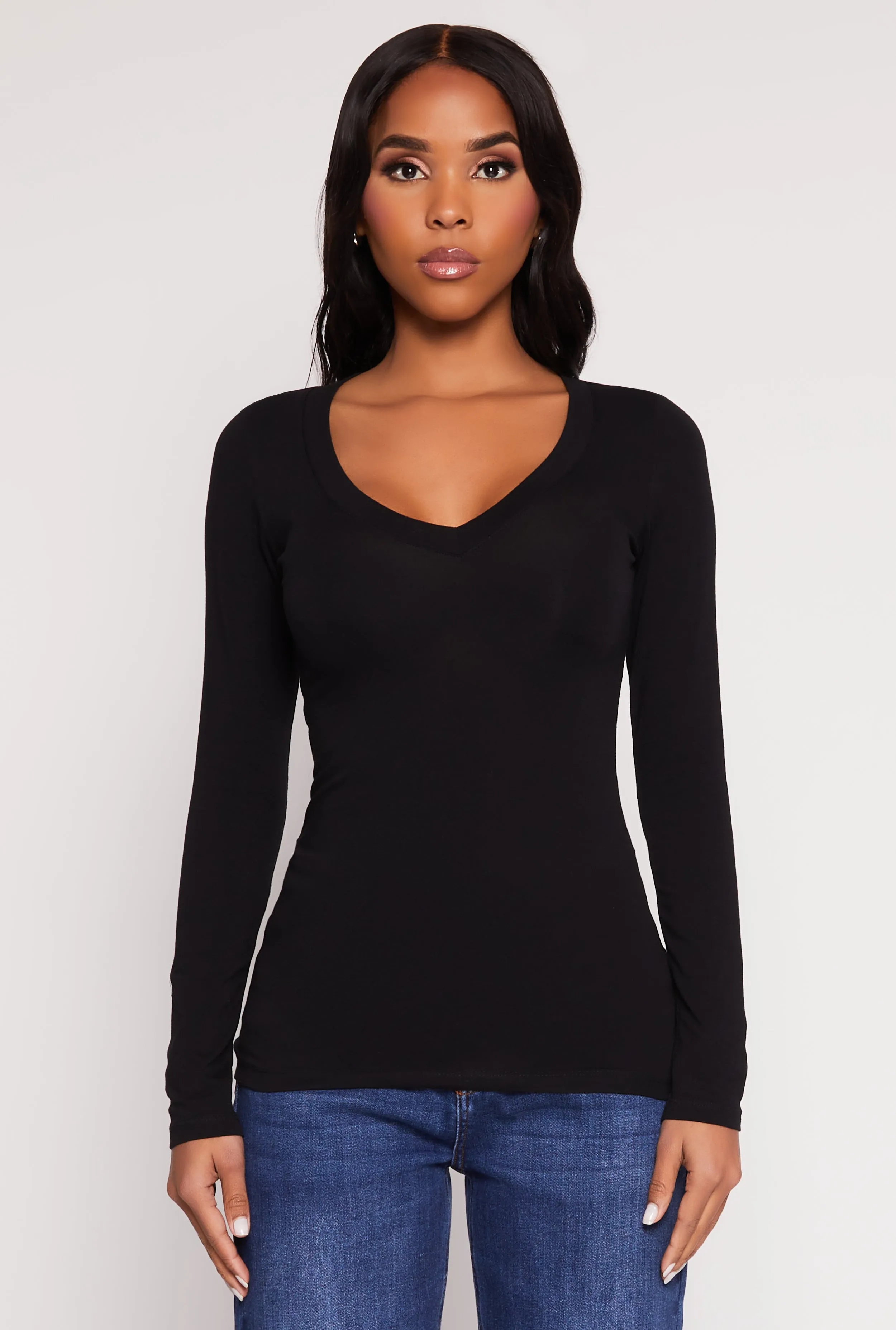 Basic Long Sleeve V Neck Tee High Density Weave Light Casual
