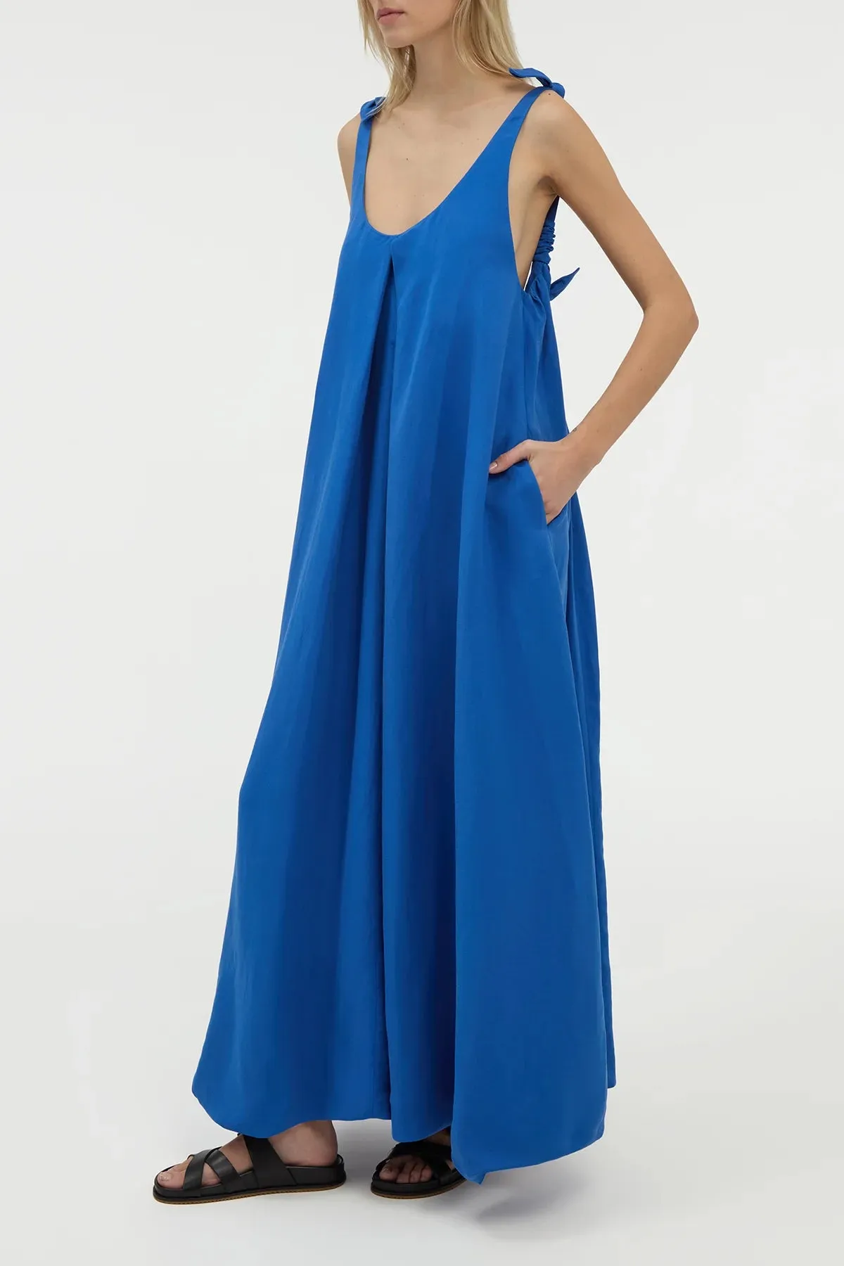 Aras Maxi Dress in Cobalt Linen Silk Aerated Seam Placement ThermalInsulated
