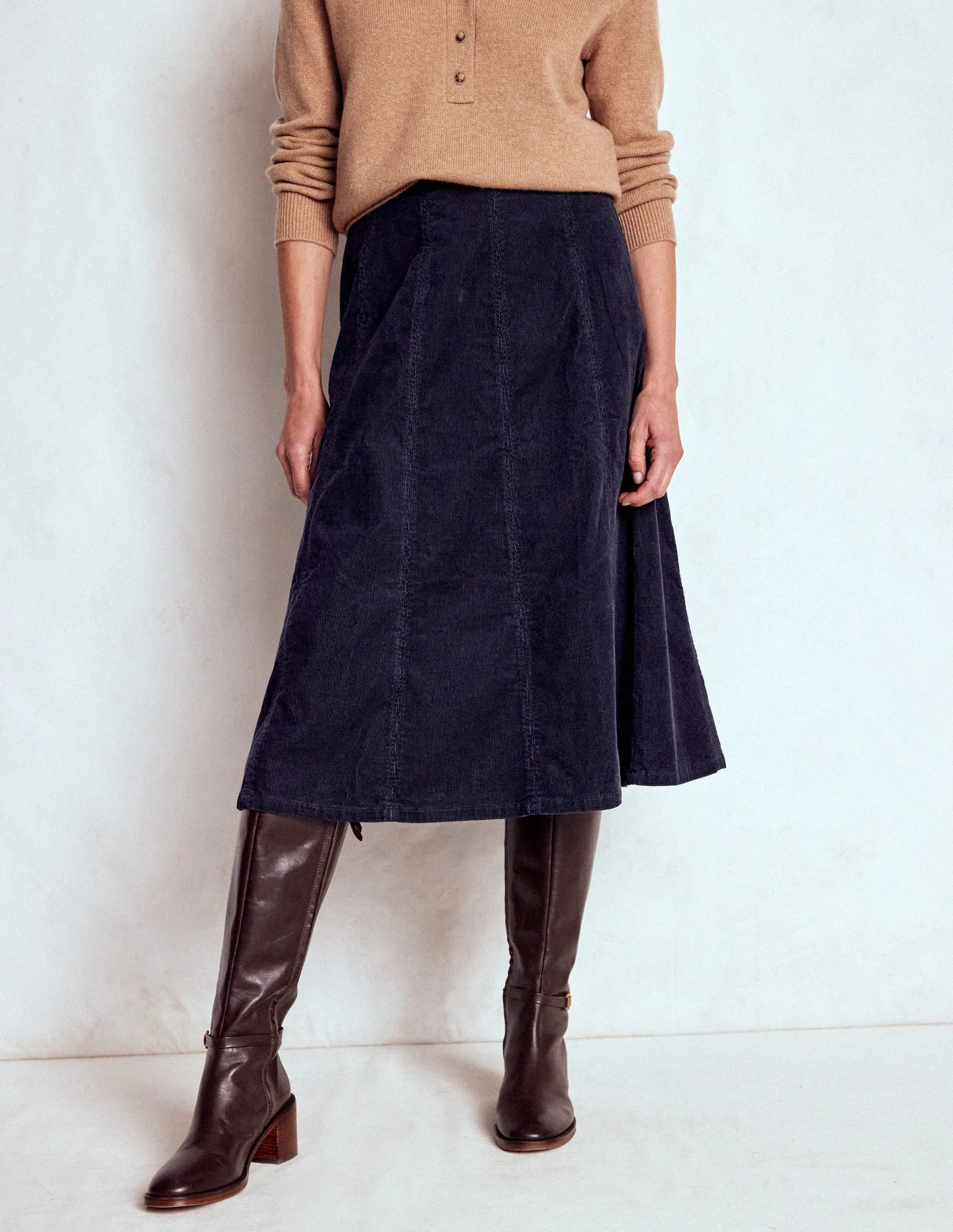 Soft Lining Joy Cord Midi Skirt-Navy