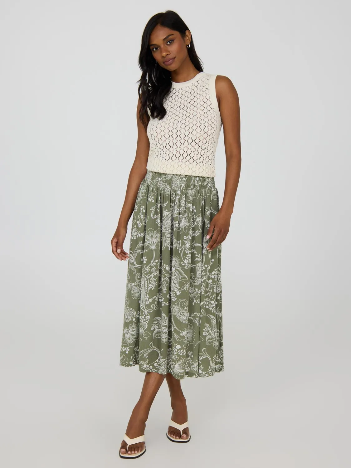 Paisley Crinkle Gauze Midi Skirt With Pockets Quick Fit Friction Free