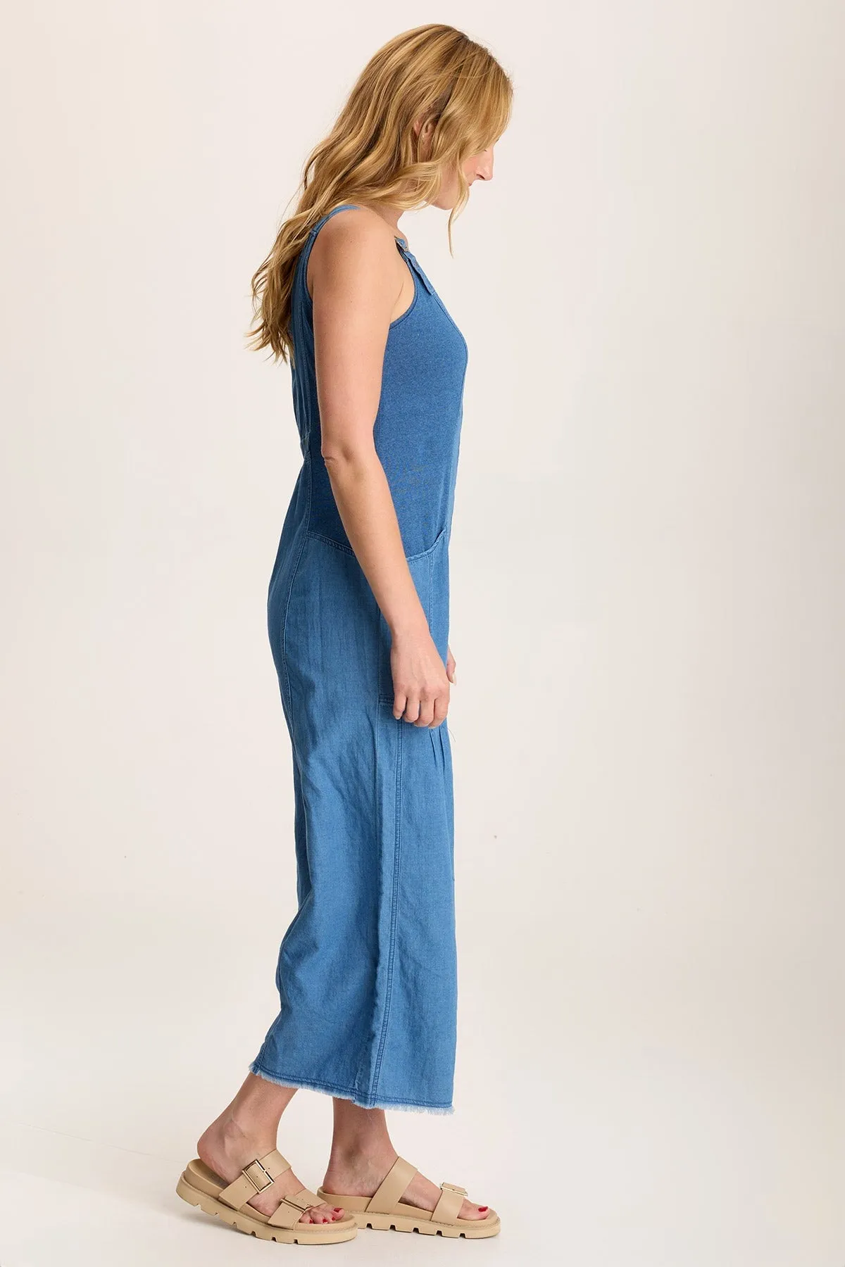 TactileStitching Jalila Mock-Denim Jumpsuit in Indigo Twill