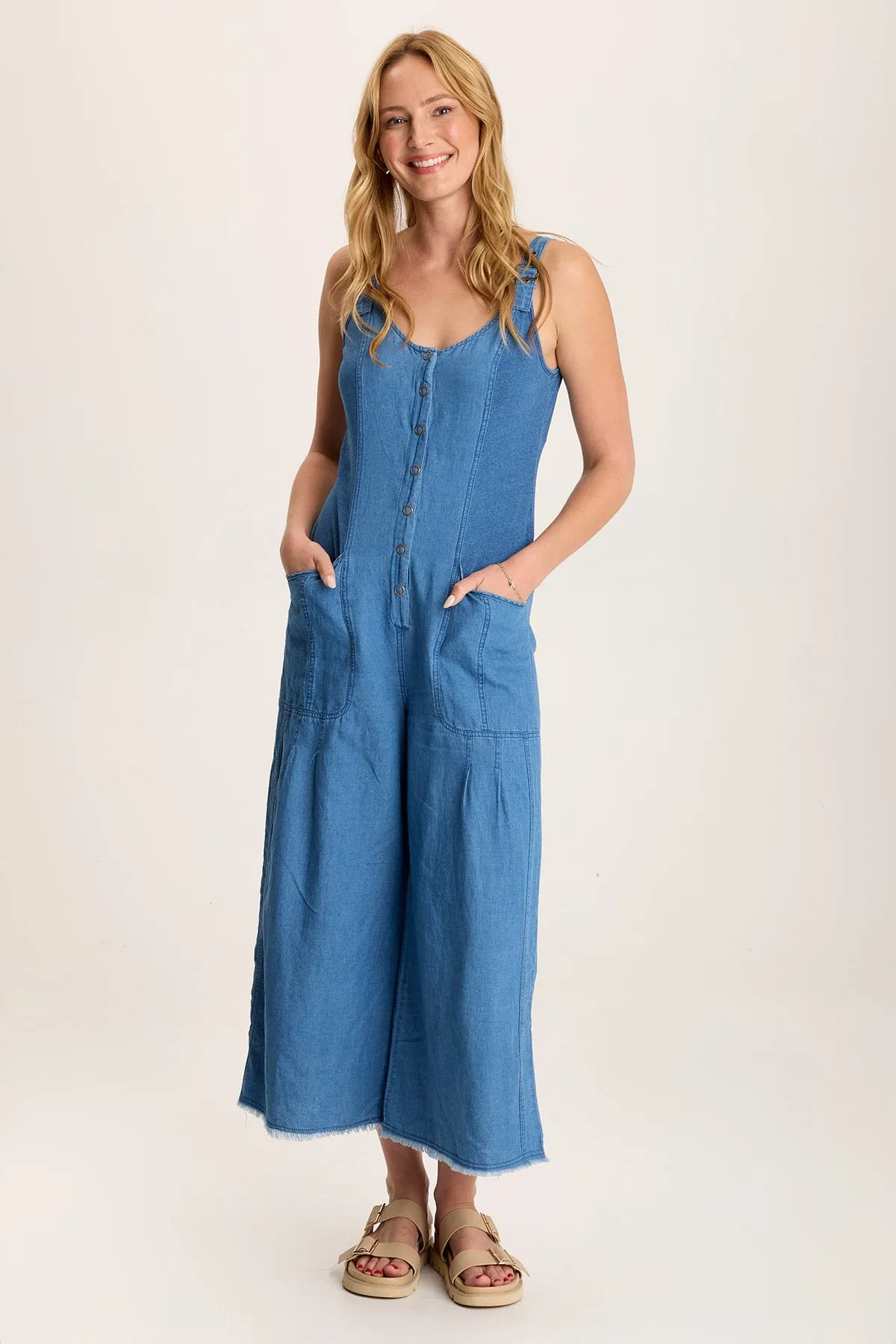 Jalila Mock-Denim Jumpsuit in Indigo Twill Wonder Core TearResistant Fabric
