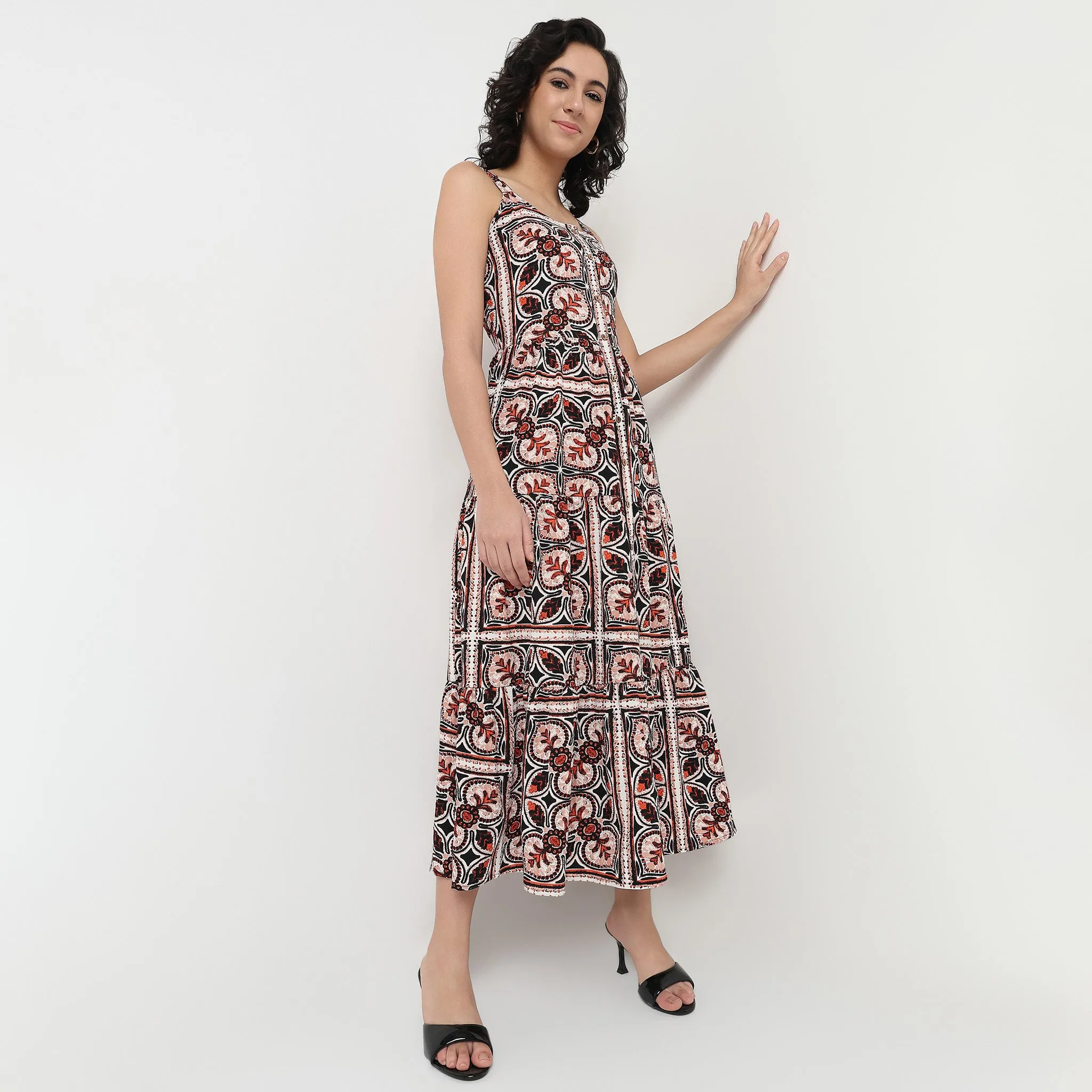 Trend Vibe NonRestrictiveCut Printed Flare Fit Full Length Dress