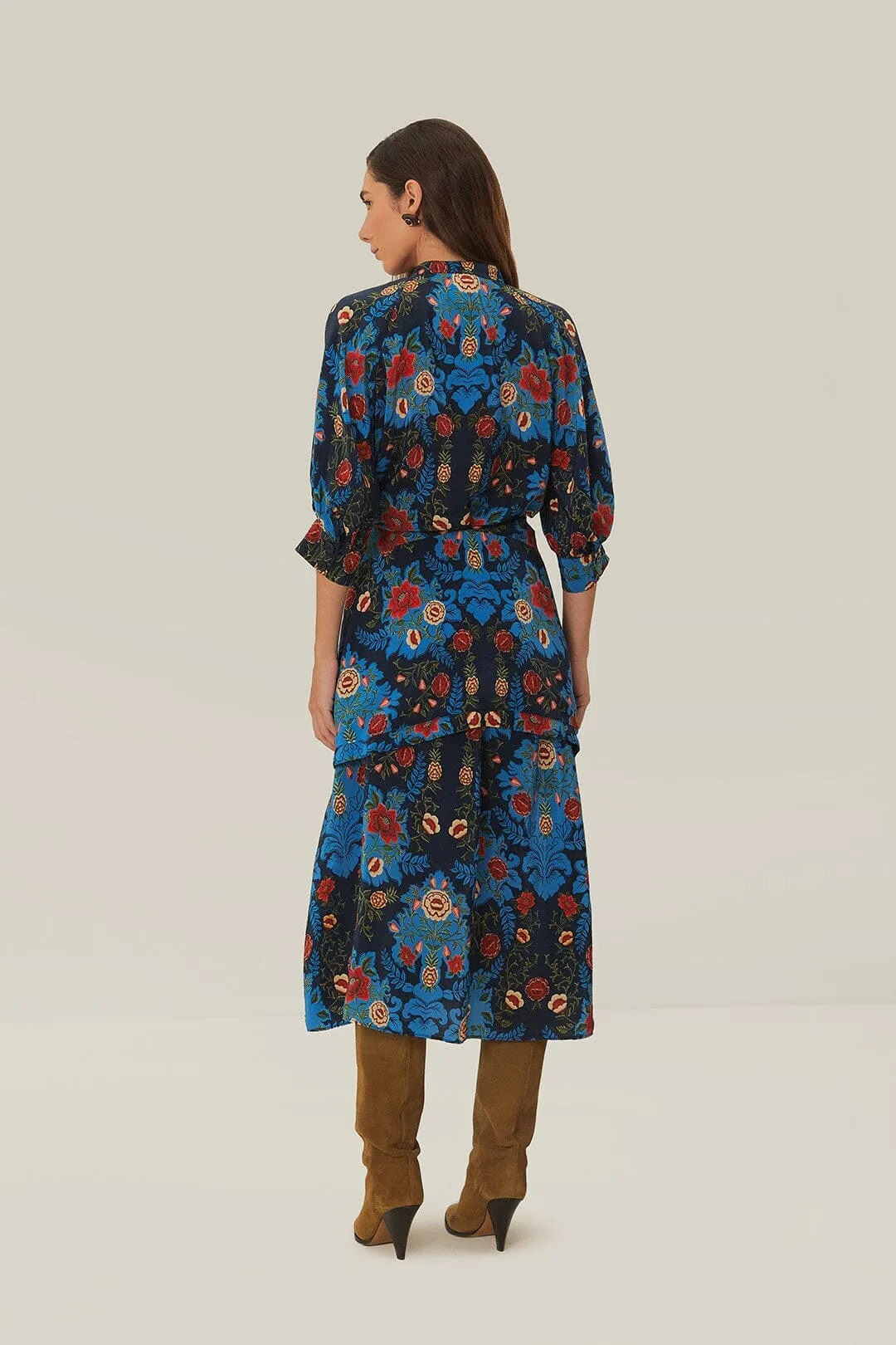 Blue Arabesque Floral Midi Dress Contemporary Look Classic Charm
