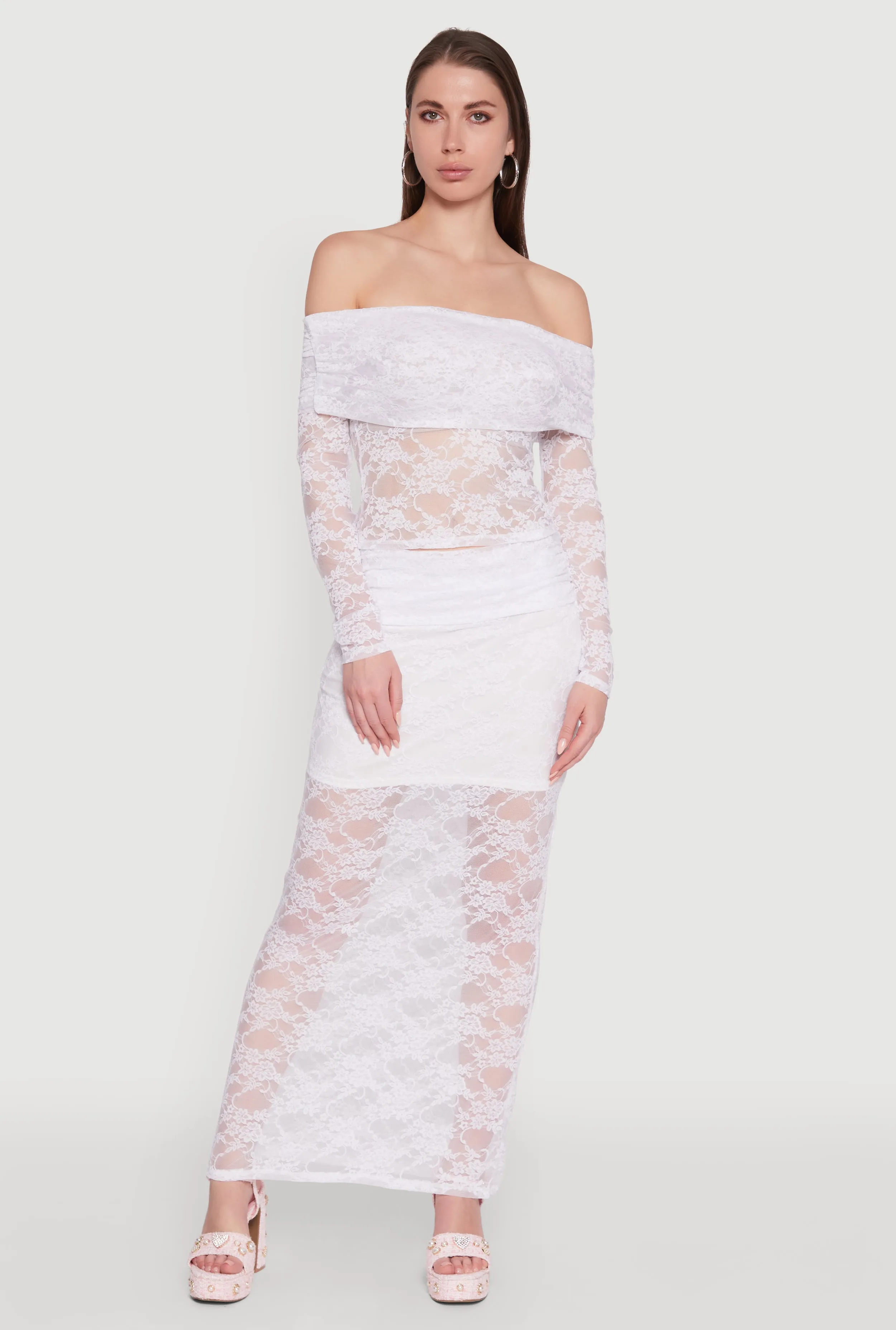 Casual Wear Reinforced Hems Chic Lace Fold Over Ruched Maxi Skirt