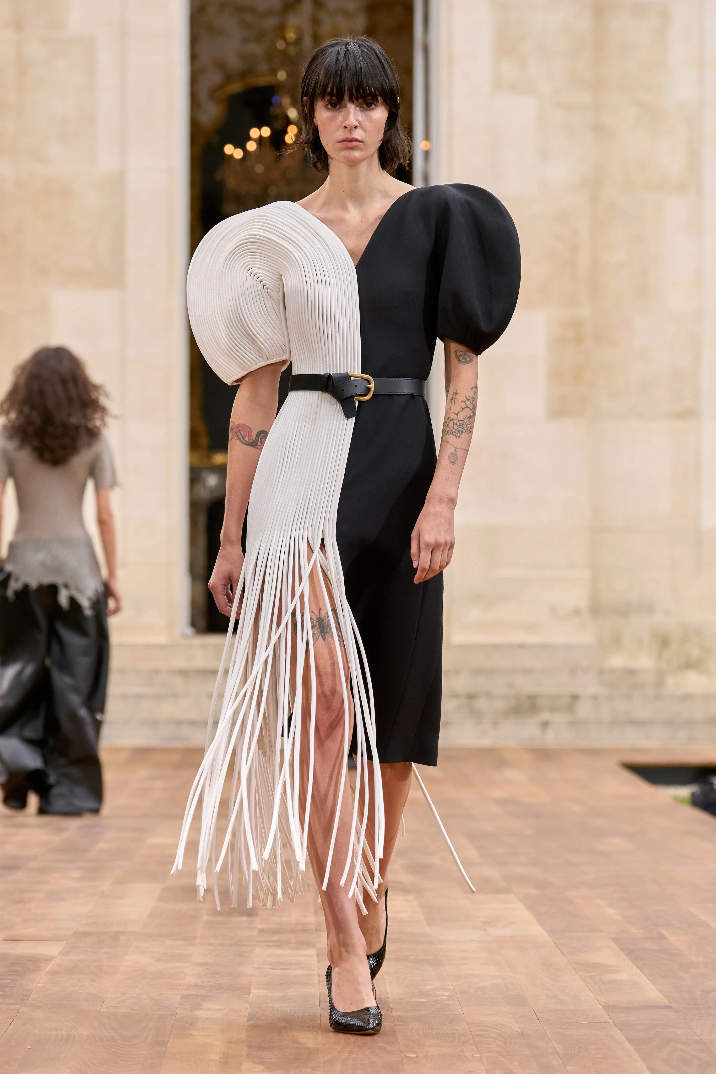 MultiPocket Design Lysander Fringe Midi Dress in Ivory Nappa Leather & Black Wool Silk Cady