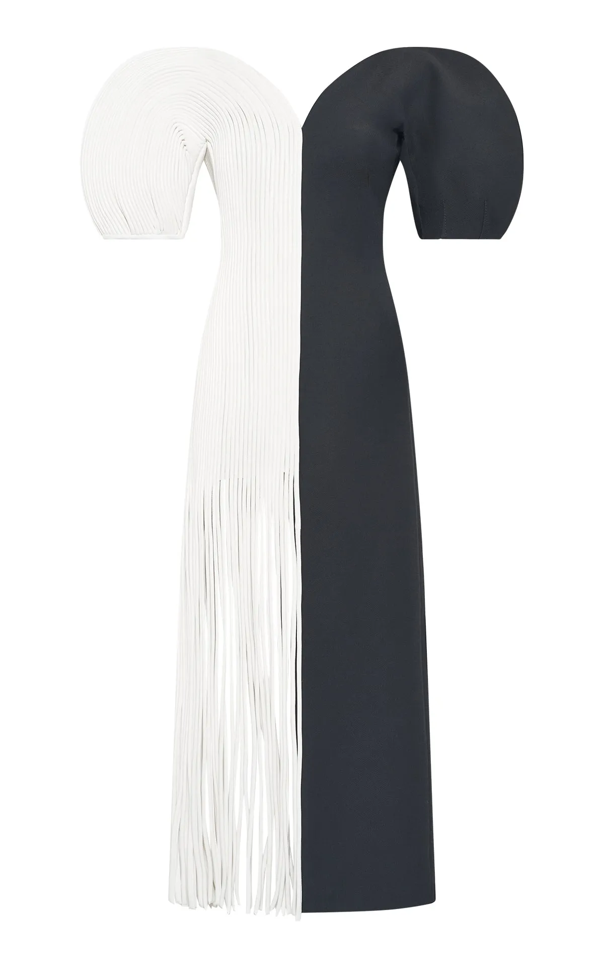 Lysander Fringe Midi Dress in Ivory Nappa Leather & Black Wool Silk Cady Easy Cool