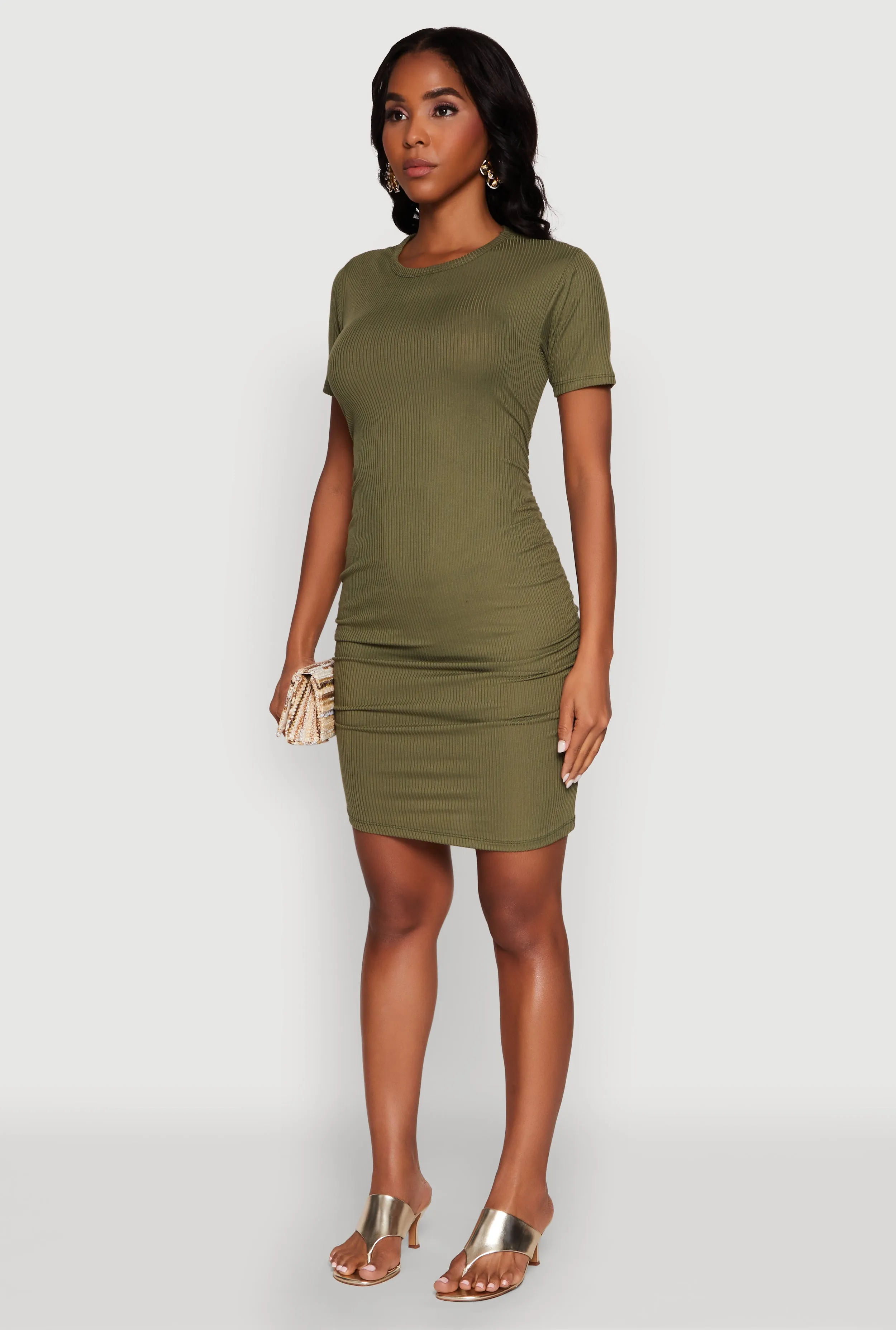 Ribbed Knit Ruched T Shirt Dress Youthful Fashion