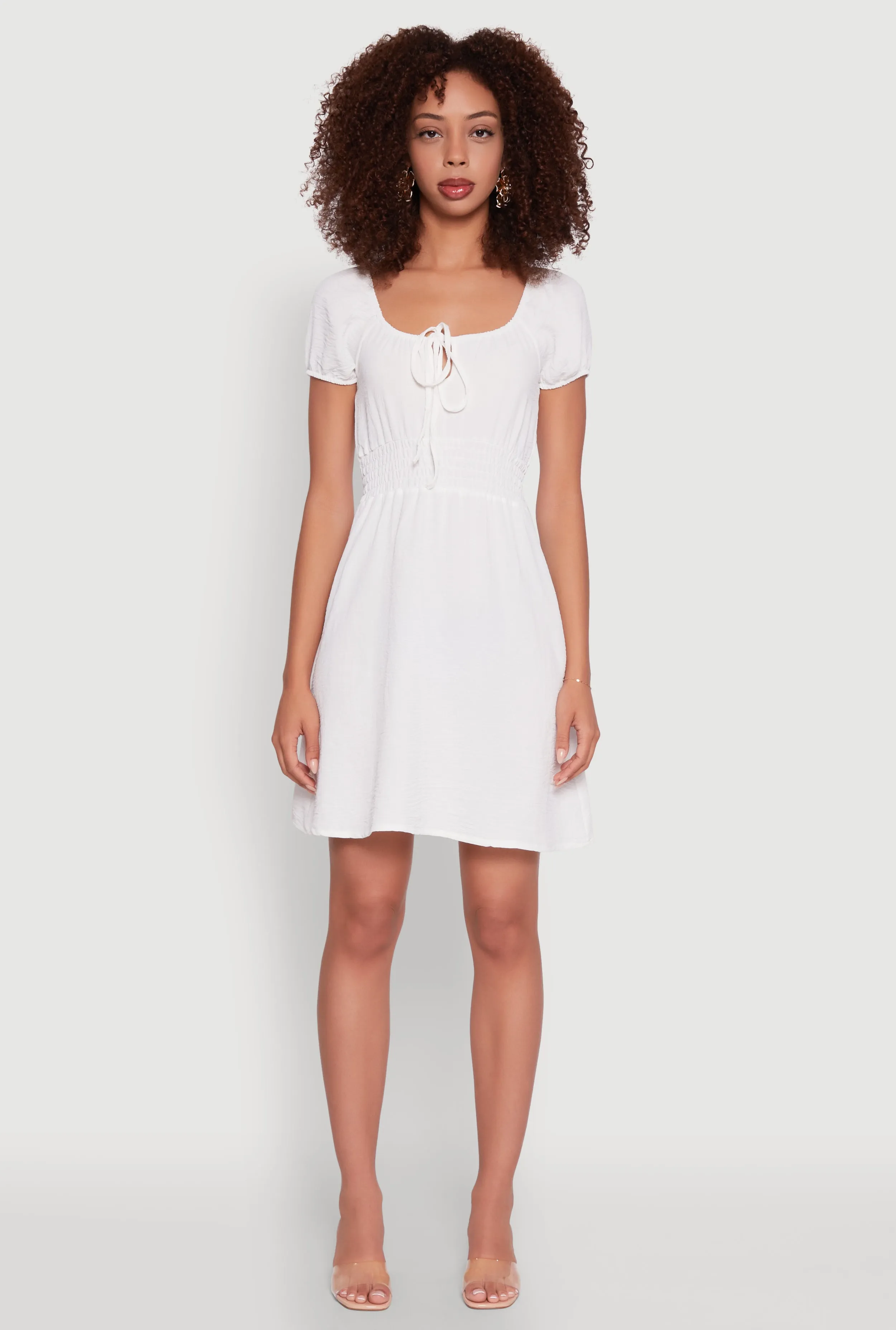 Casual Style Wear Hidden Pocket Design Crepe Knit Puff Sleeve Peasant Dress