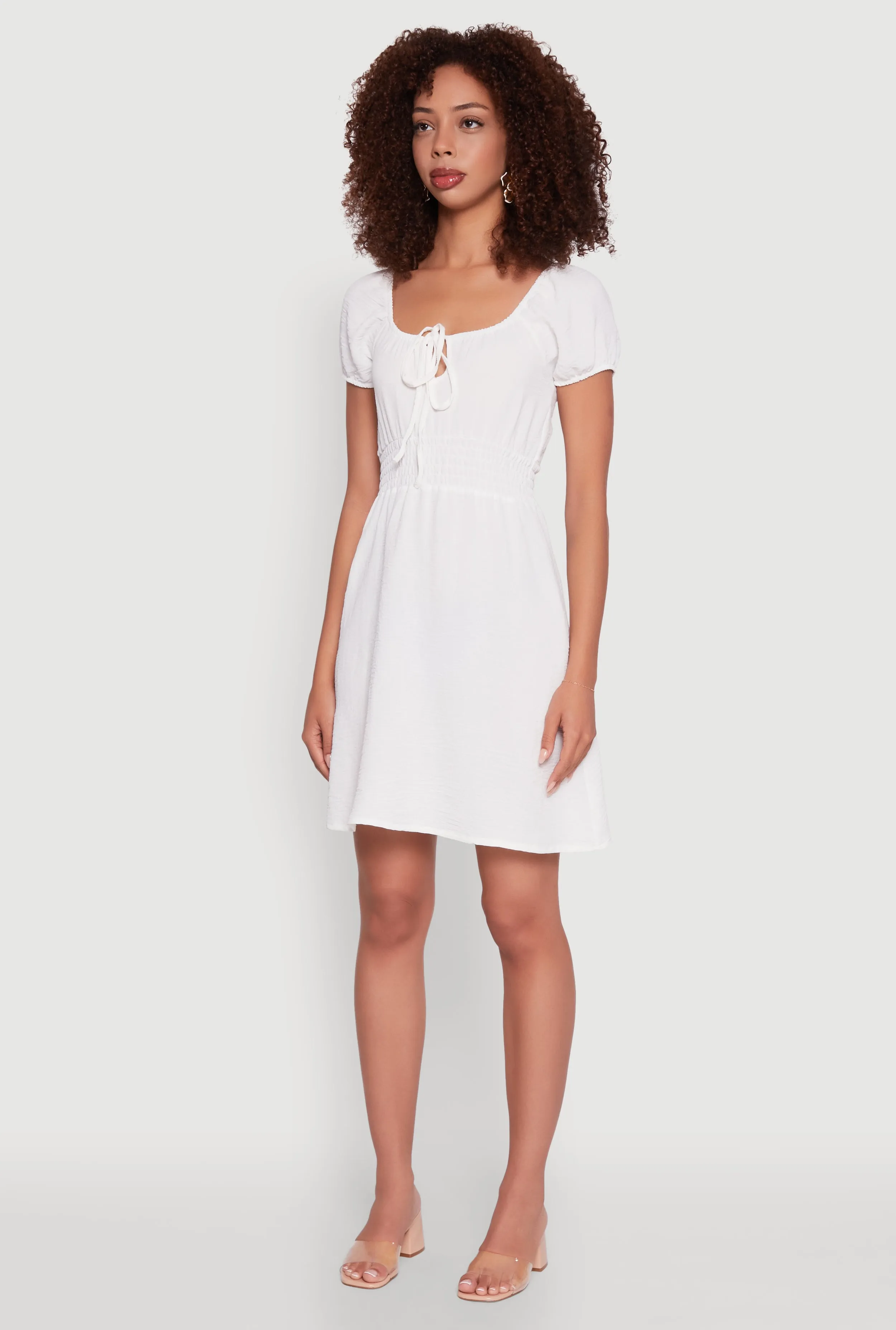 Edge Hot Crepe Knit Puff Sleeve Peasant Dress