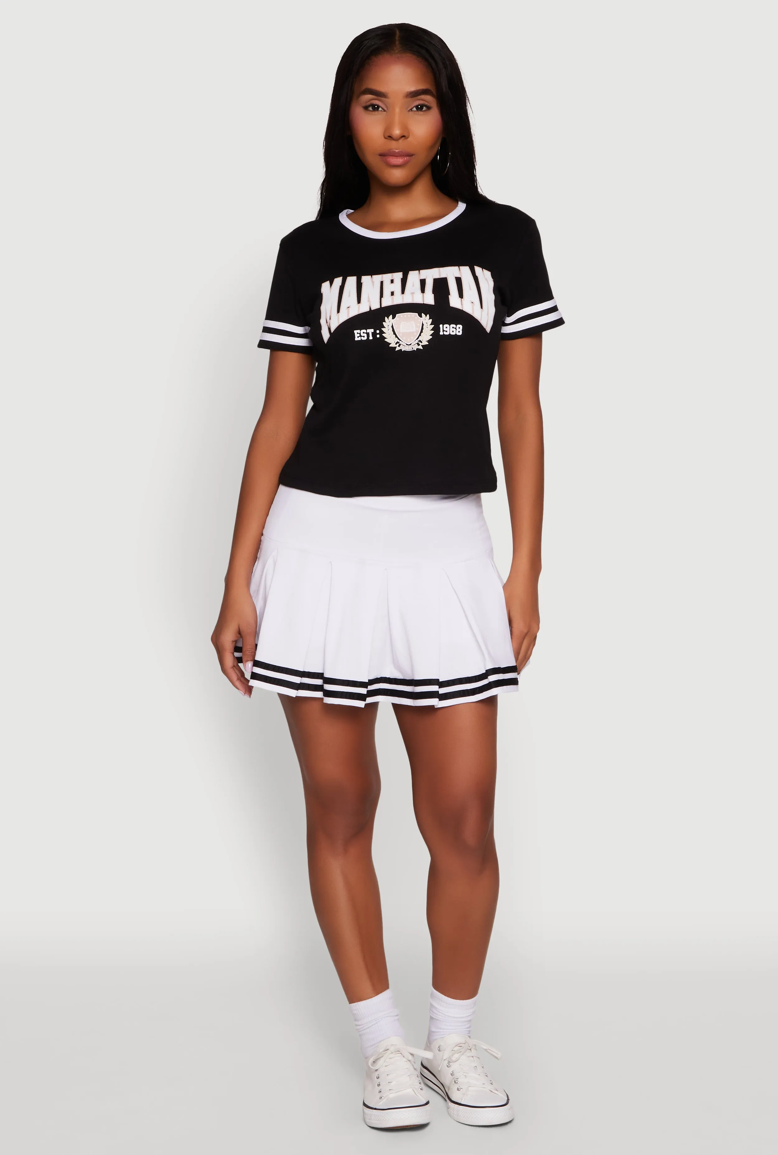 Bamboo Fiber Sustainable Innovation Varsity Stripe Drop Waist Pleated Skirt