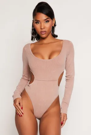 Premium Stylish Premium Lightweight Ribbed Knit Acid Wash Cut Out Bodysuit