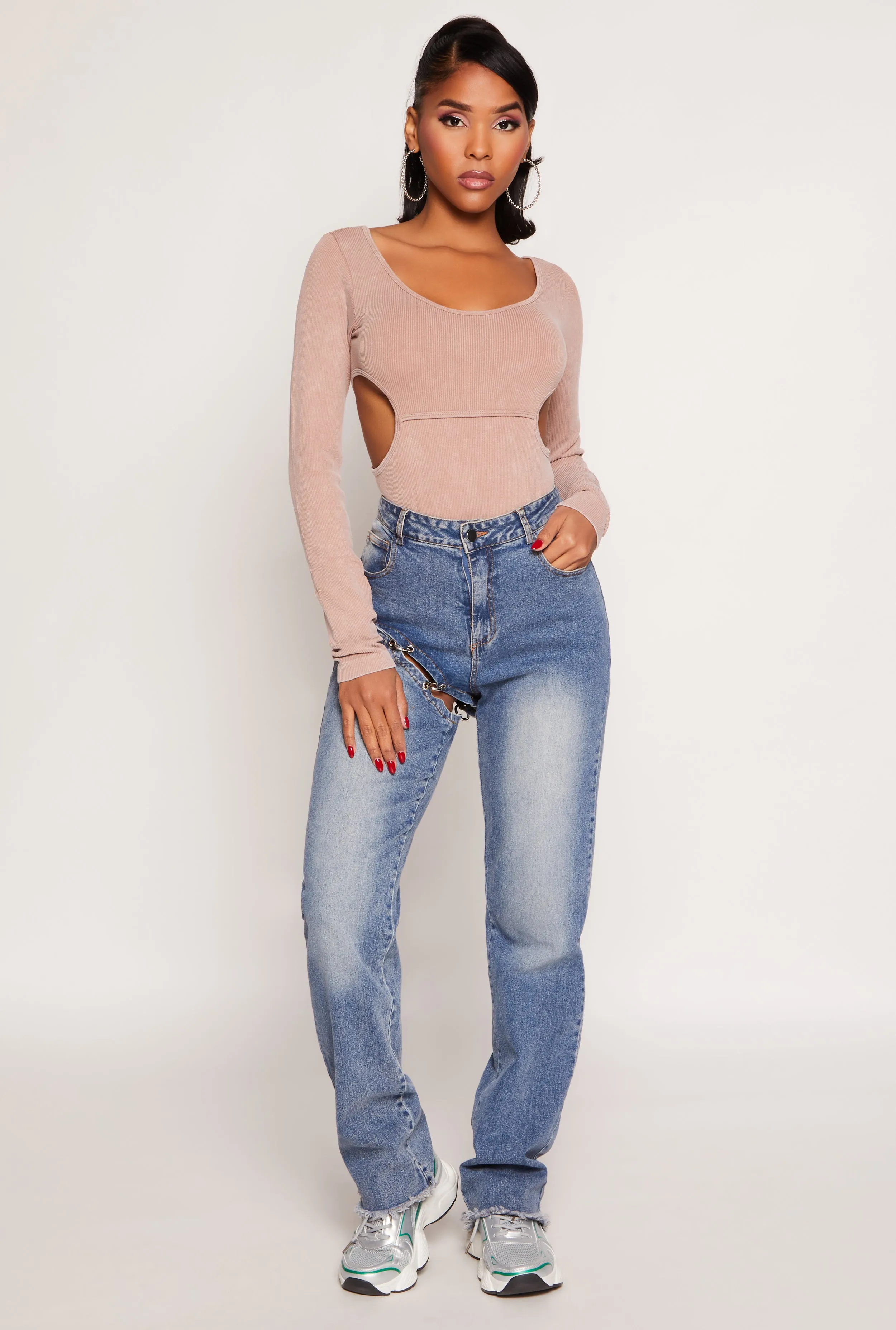 Ribbed Knit Acid Wash Cut Out Bodysuit Running Teen