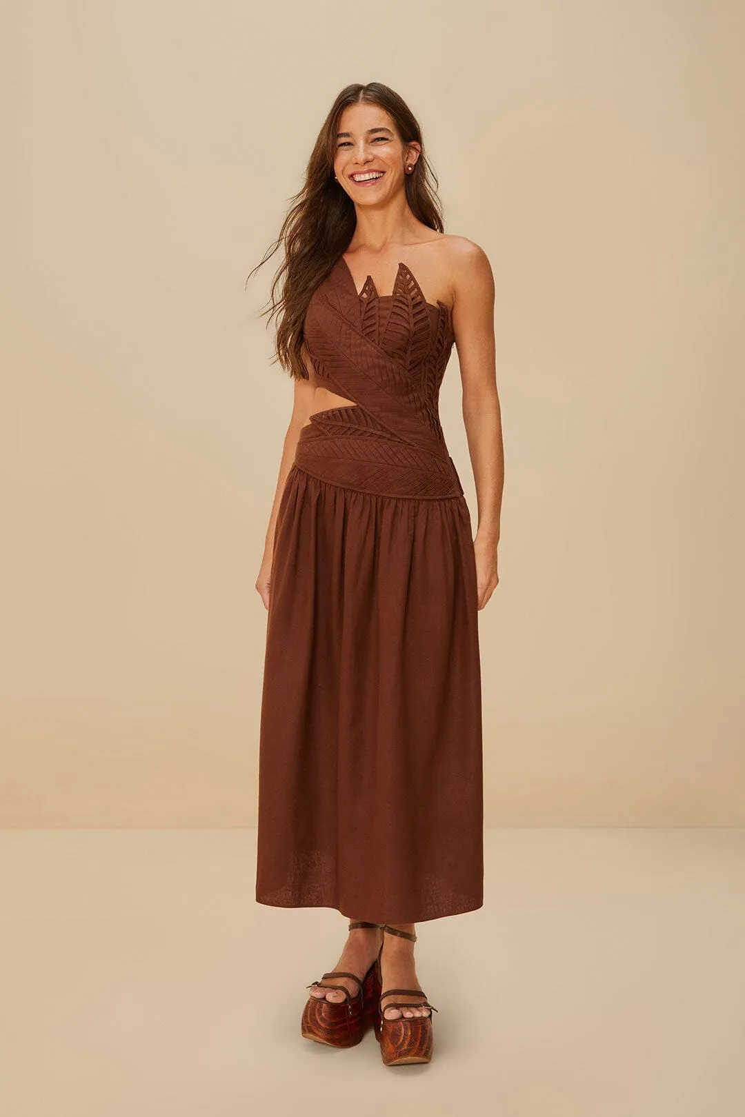 Burgundy Leaves Cut-Out LENZING? ECOVERO? Euroflax? Midi Dress Sophisticated mid-calf gown Comfy Elegance