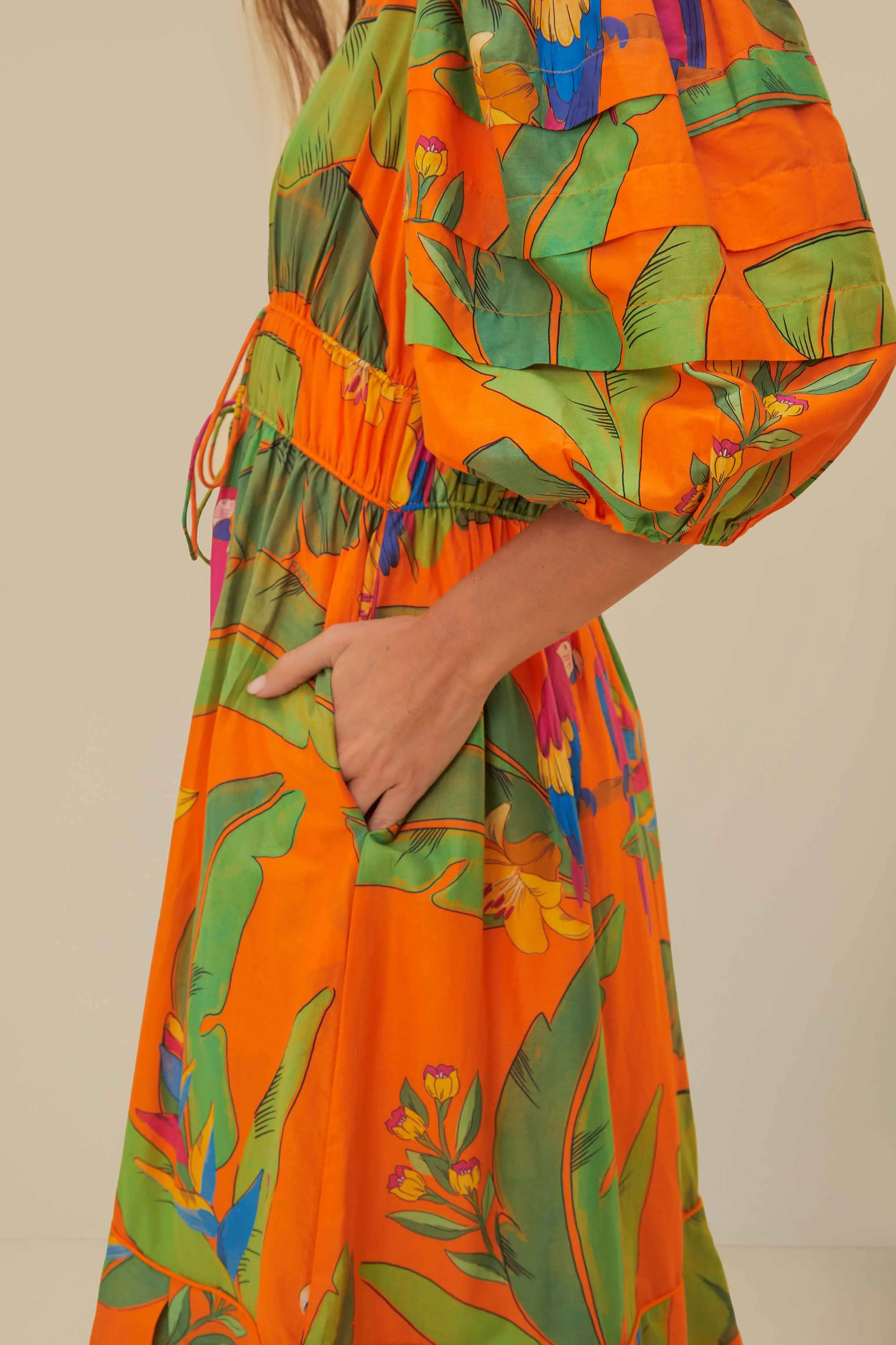 Relaxed Comfort Desk To Dinner Orange Fresh Macaws Midi Dress