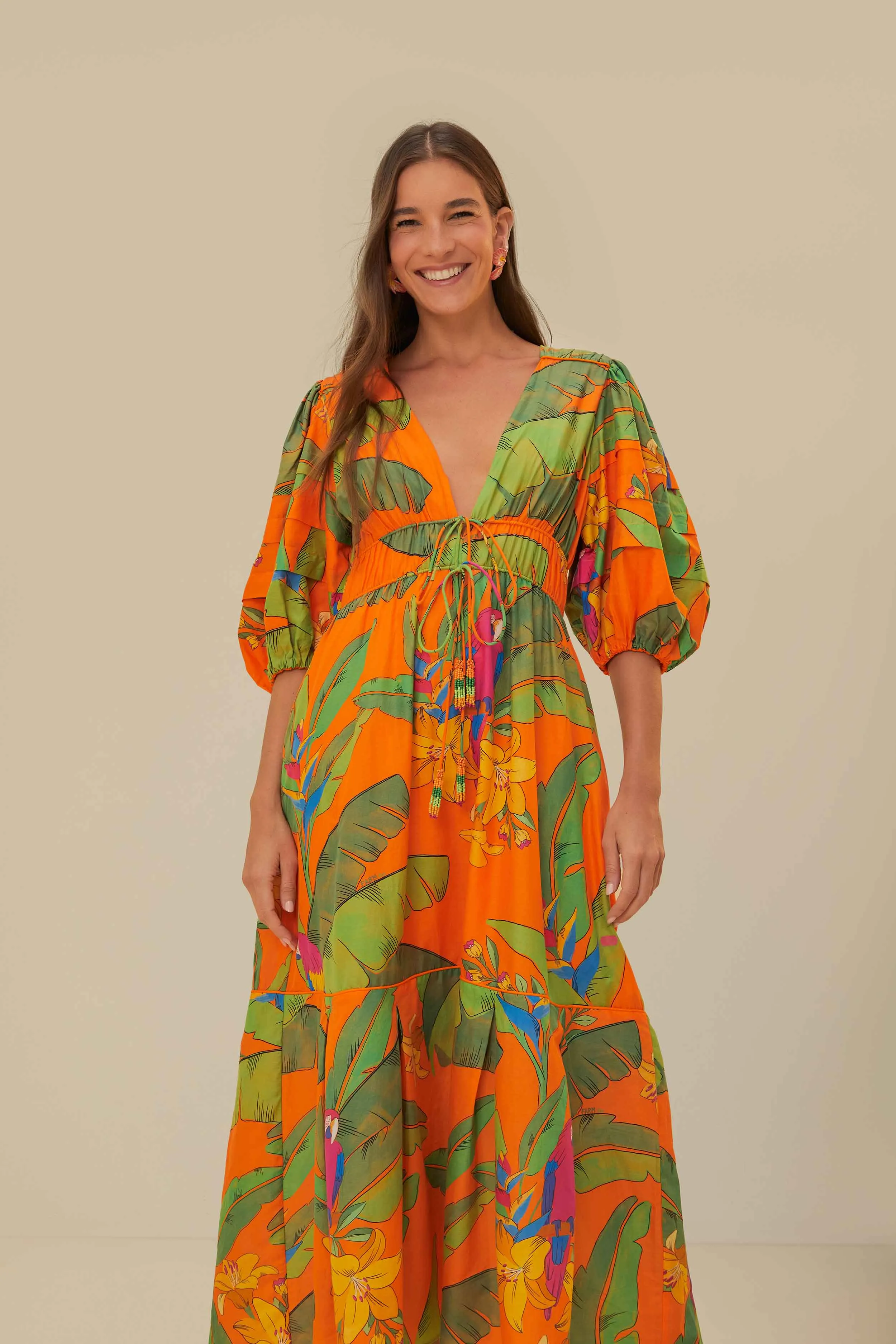 Feminine Vibe Orange Fresh Macaws Midi Dress