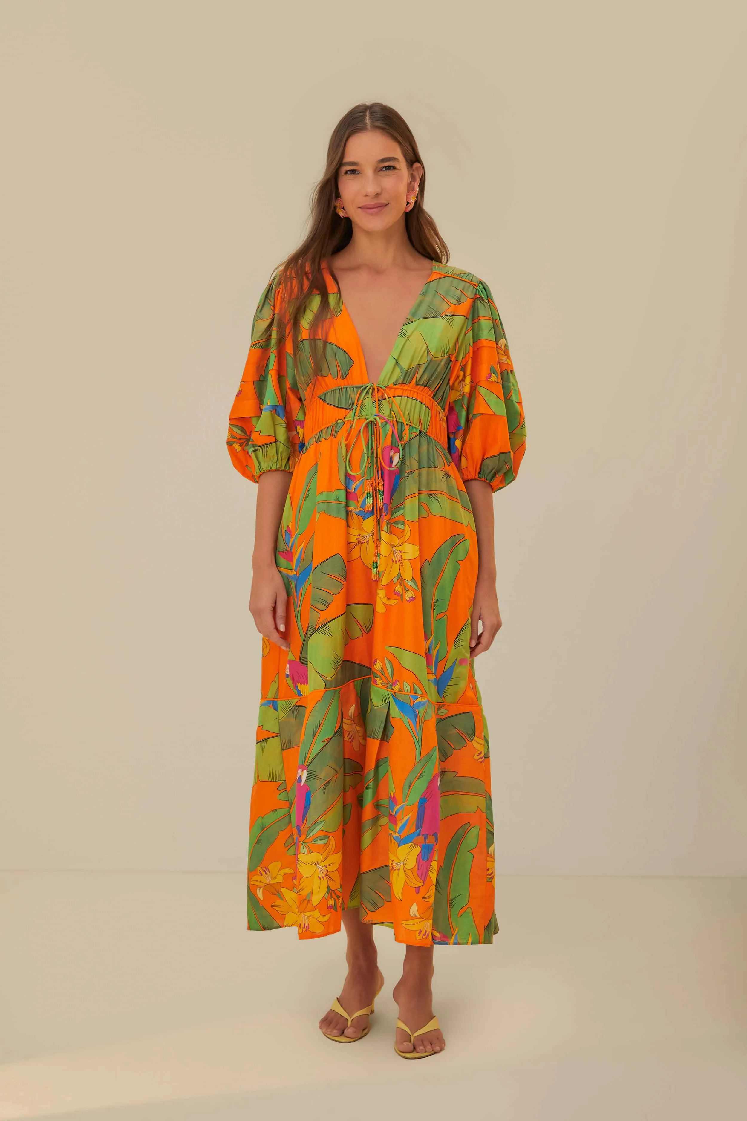 Grace Mood Orange Fresh Macaws Midi Dress