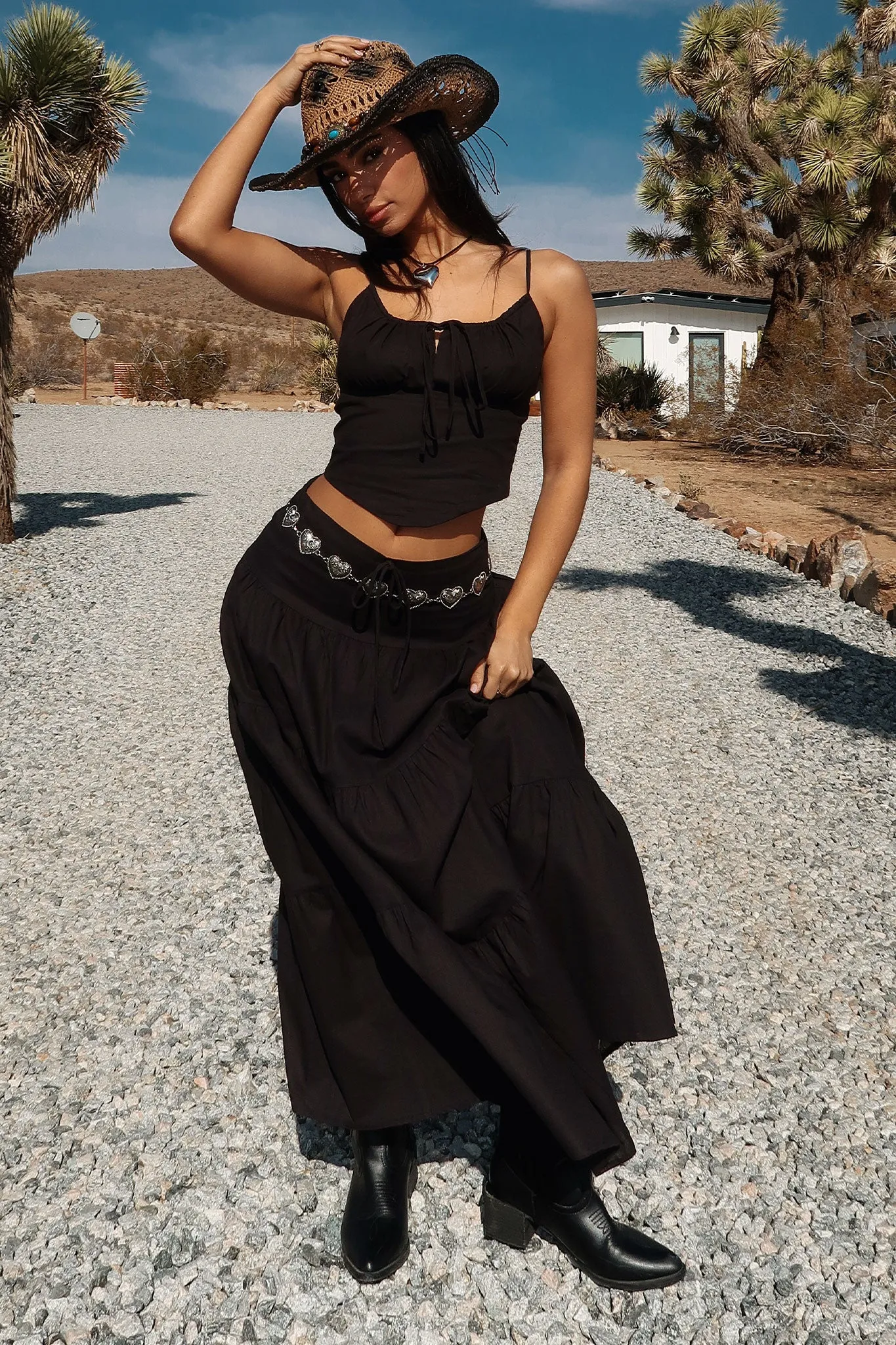 Barbados Linen Maxi Skirt - Black Scalloped Edge